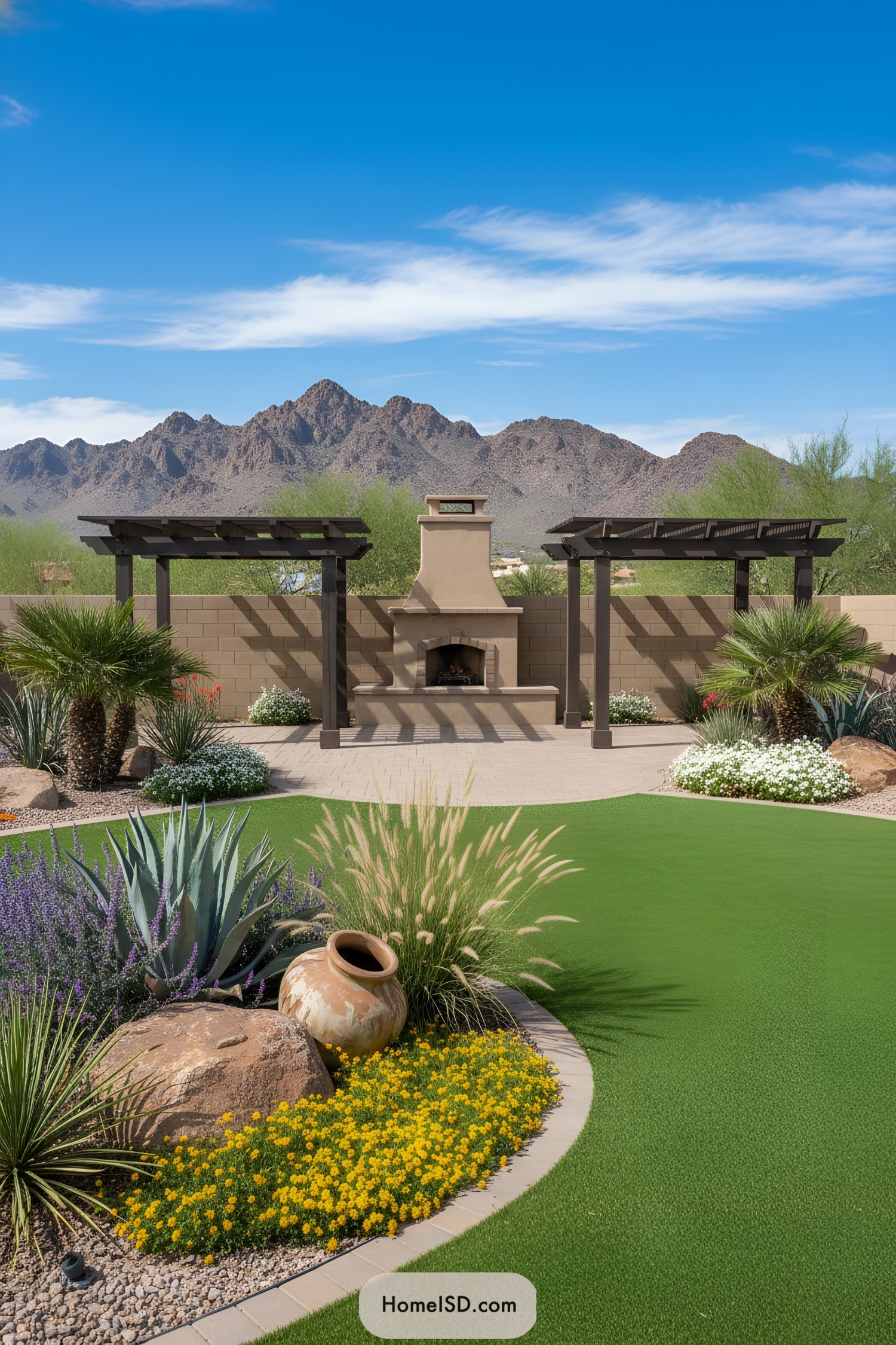 Arizona backyard with outdoor fireplace pergolas and layered desert planting beds against a mountain backdrop