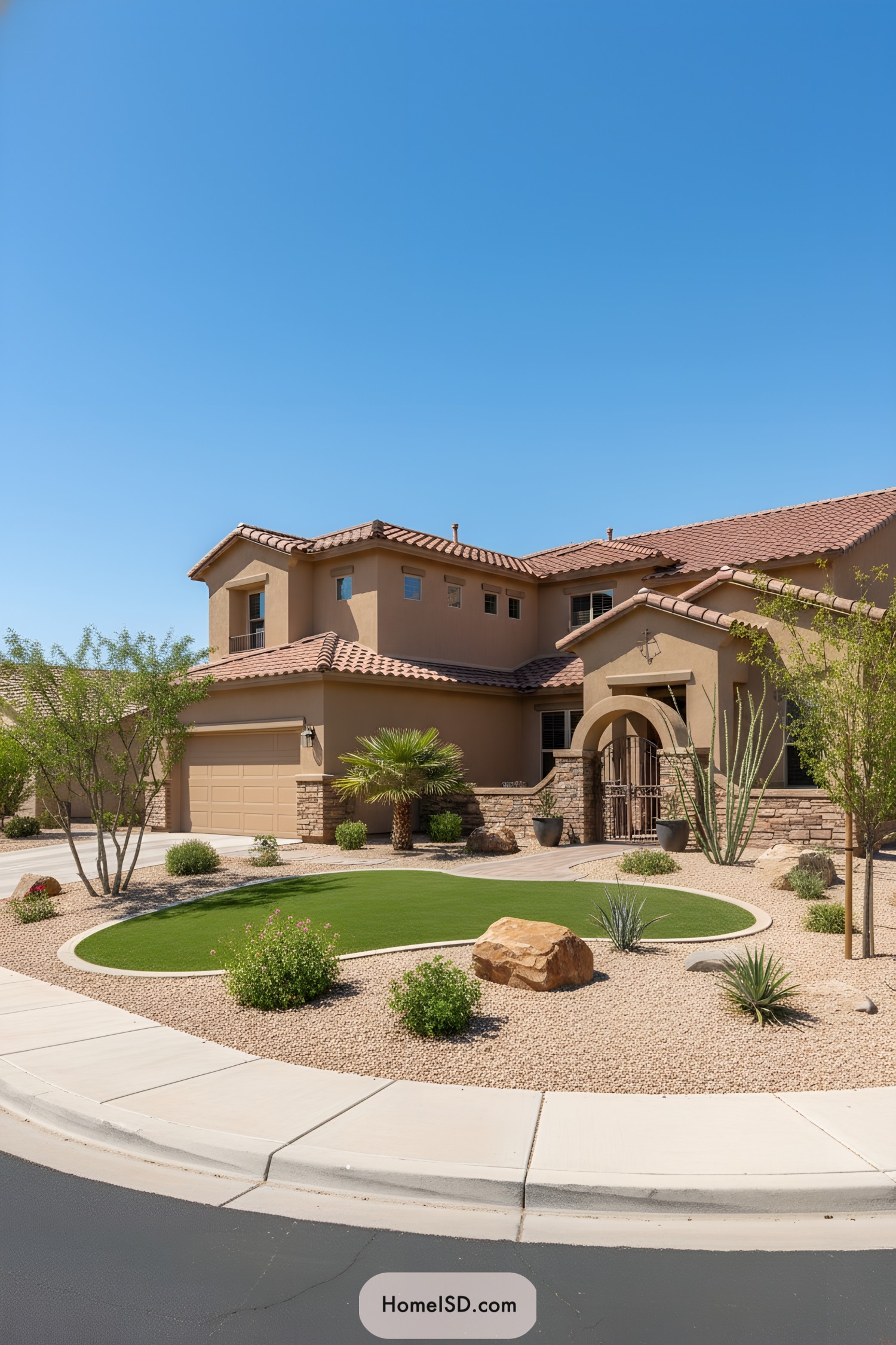Stucco Arizona home with curved turf front yard and desert plants