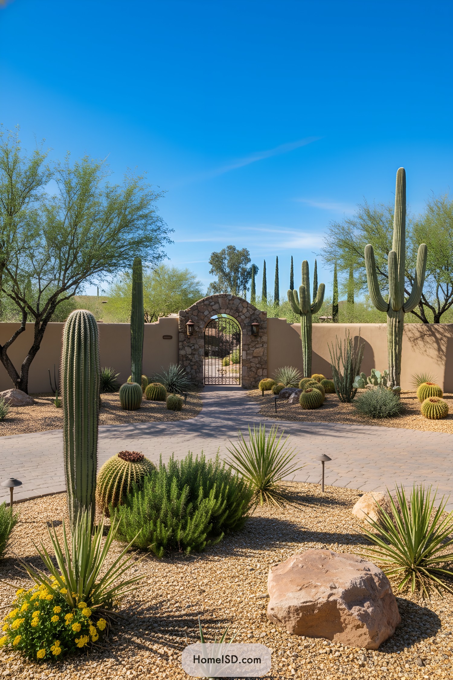 Arizona front yard with cacti and stone gate