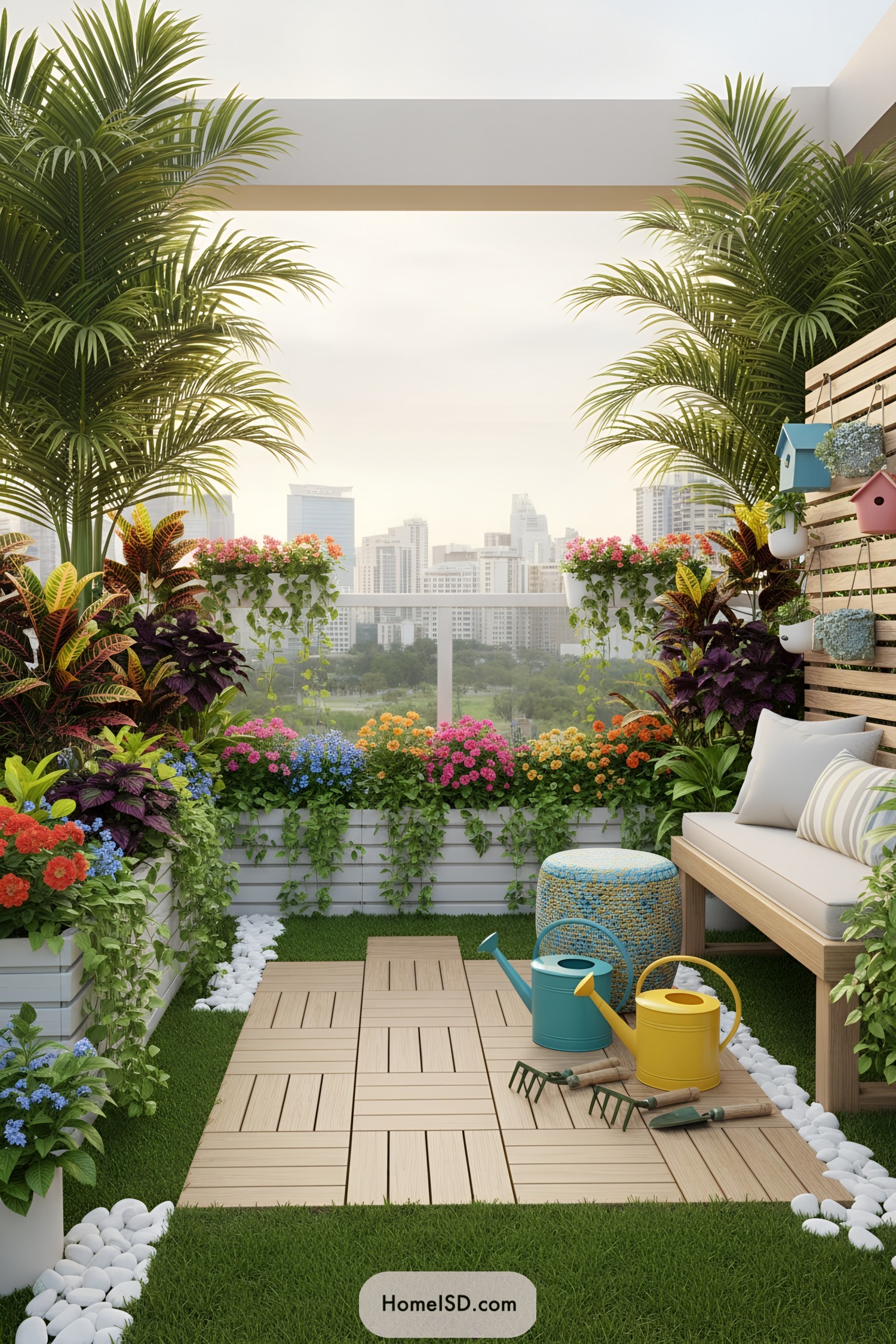 Colorful plant-filled balcony garden overlooking city skyline