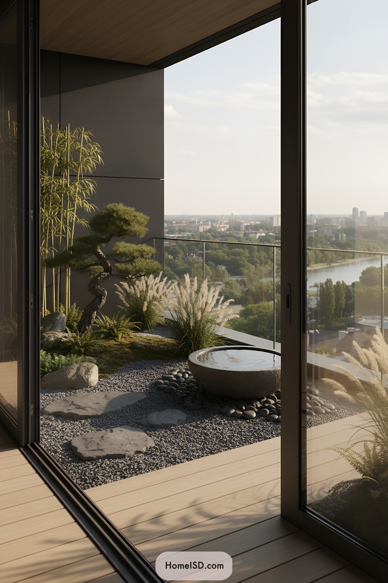 Minimalist zen balcony garden with stone basin