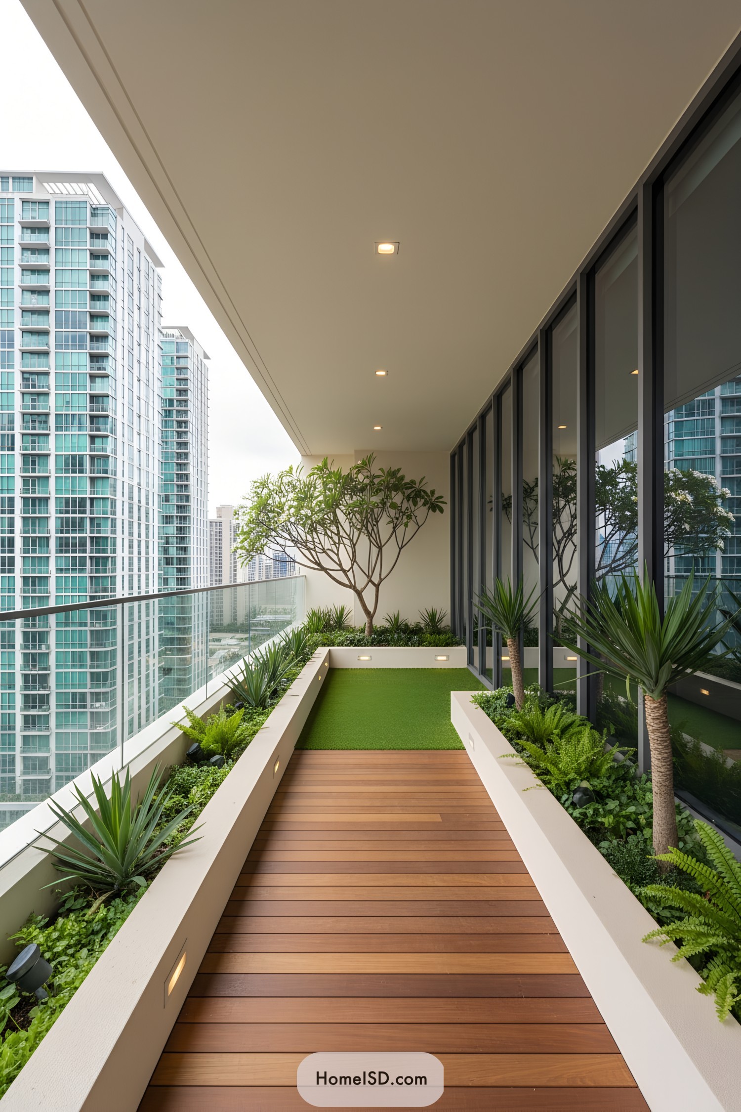 Long narrow balcony with wood decking, raised planters, and city high-rise views