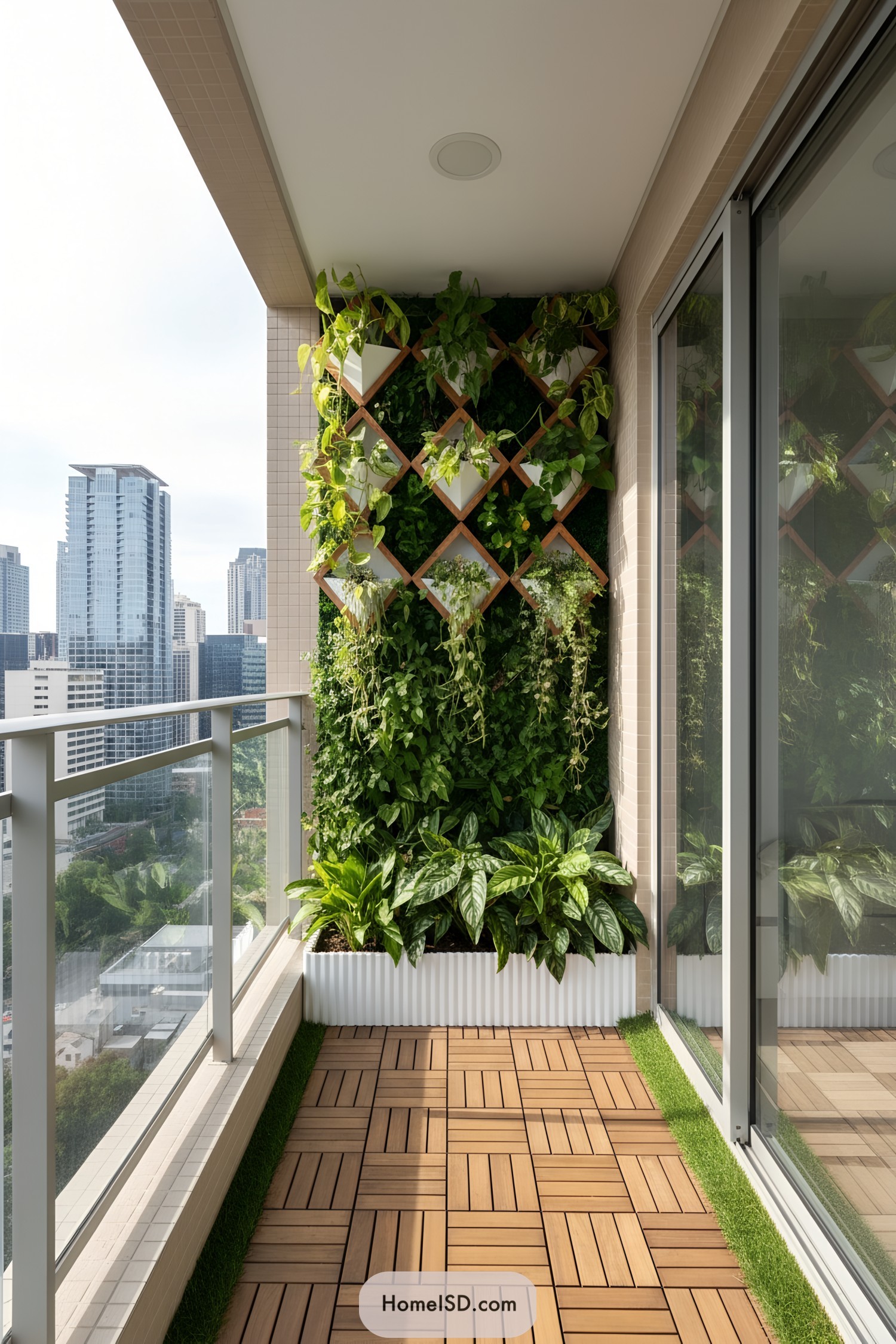 Vertical balcony garden with diamond trellis and potted greenery