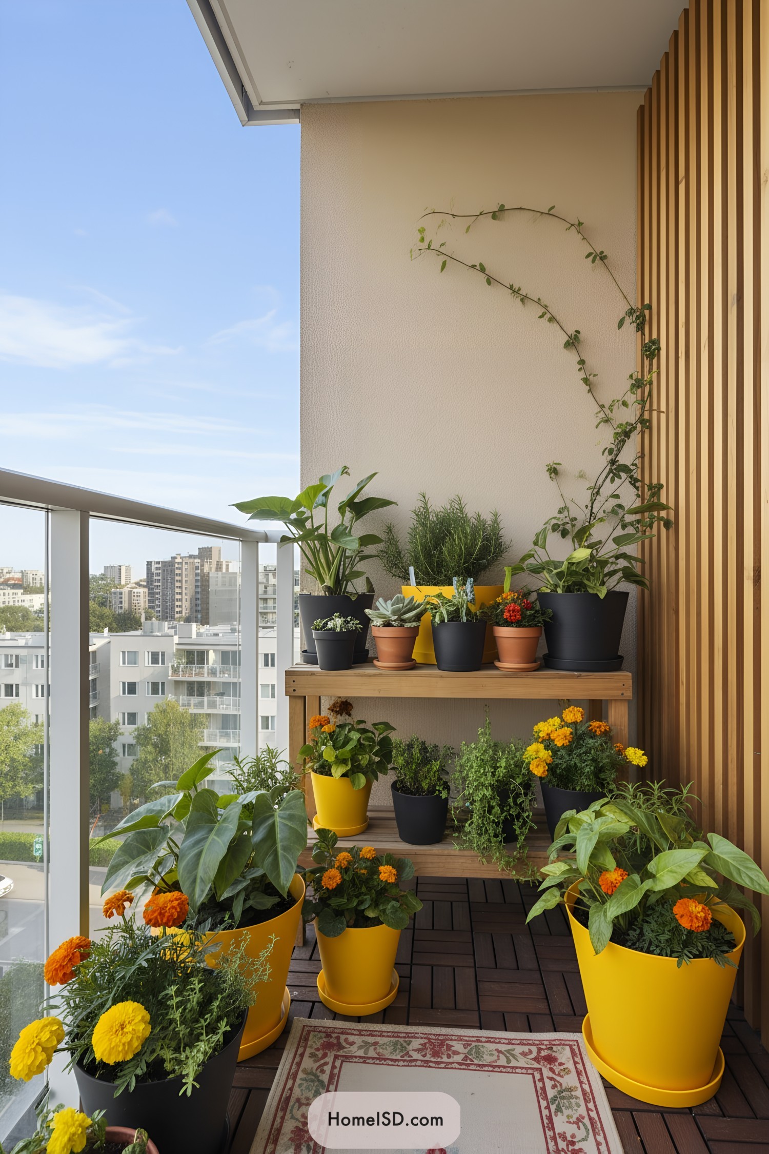 Compact balcony garden with bright yellow planters and a wooden plant shelf