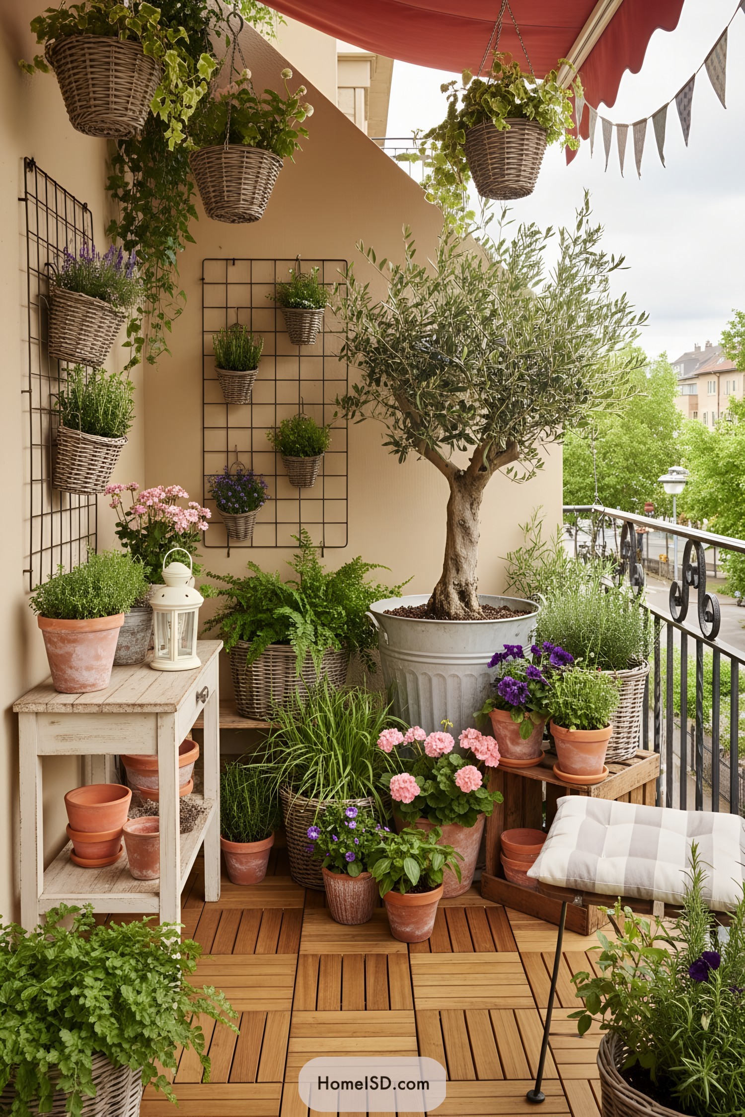 Cozy balcony filled with potted plants and hanging wicker baskets around an olive tree