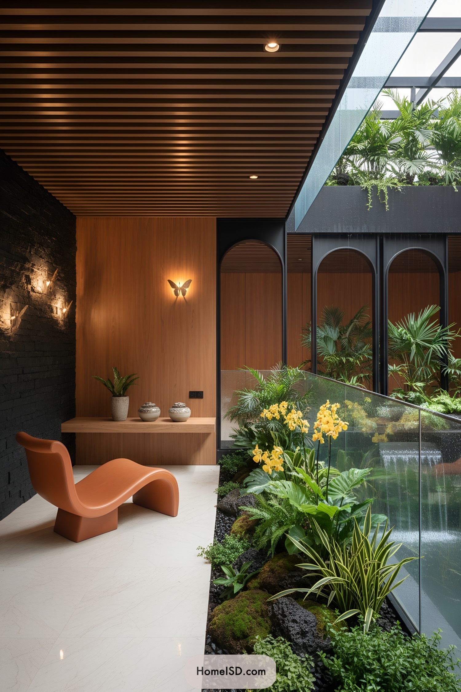 Modern balcony garden with glass railing lush plants and orange lounge chair