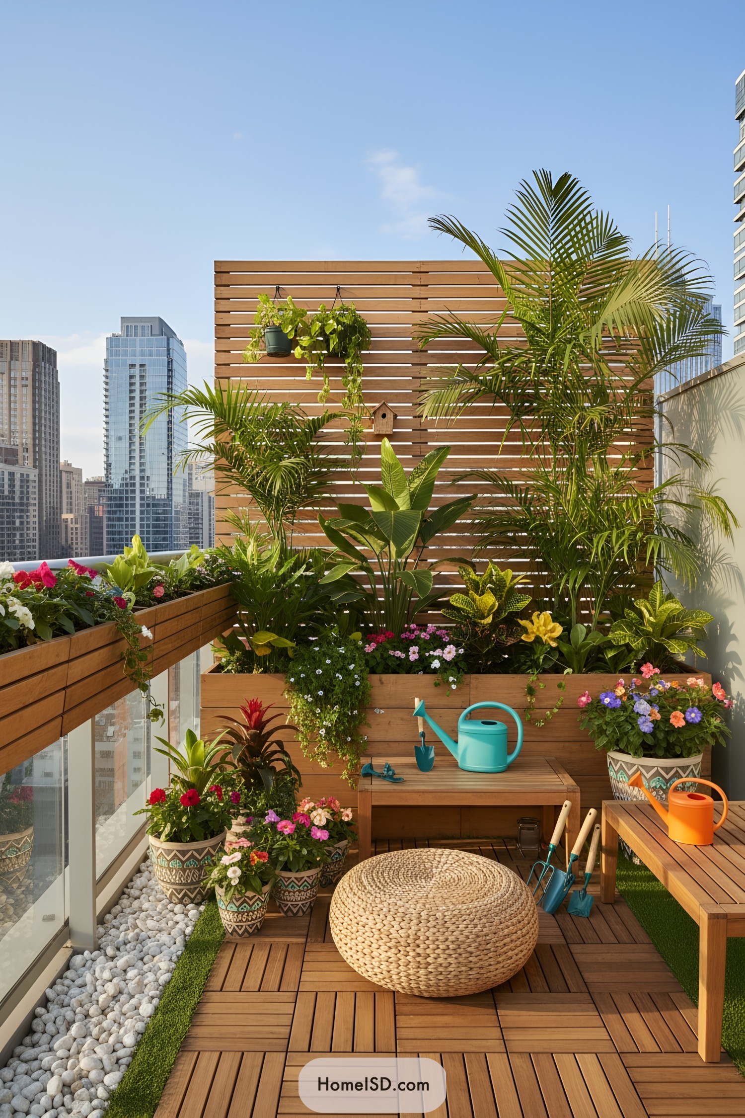 Compact balcony garden with layered wooden planters, colorful flowers, and gardening tools against a city skyline