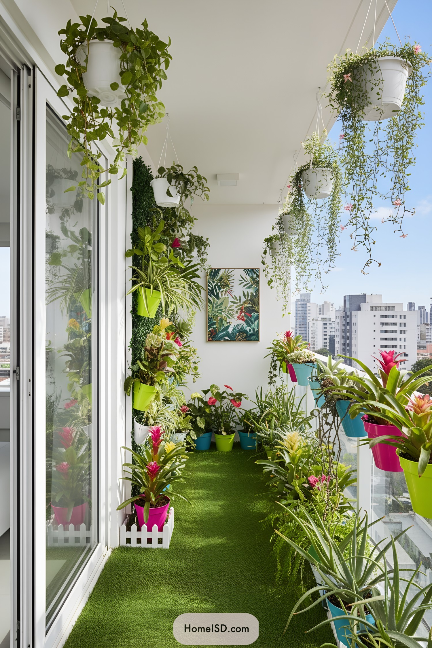 Colorful narrow balcony filled with hanging plants
