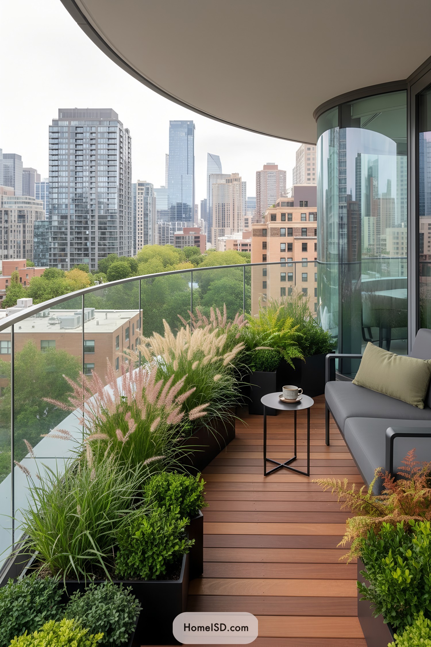Modern balcony with layered planters and city skyline view