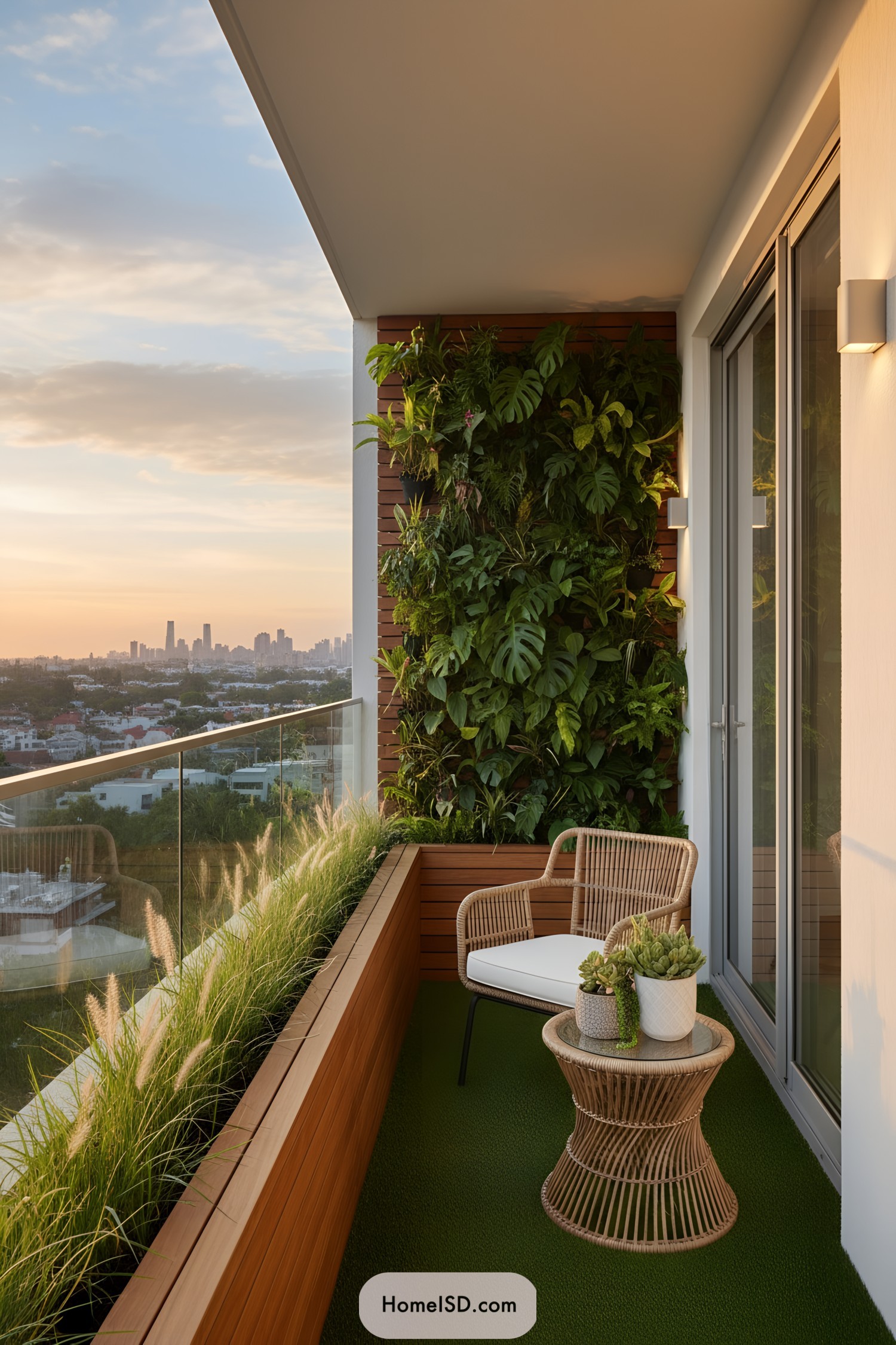 Narrow balcony with vertical garden wicker chair and city view