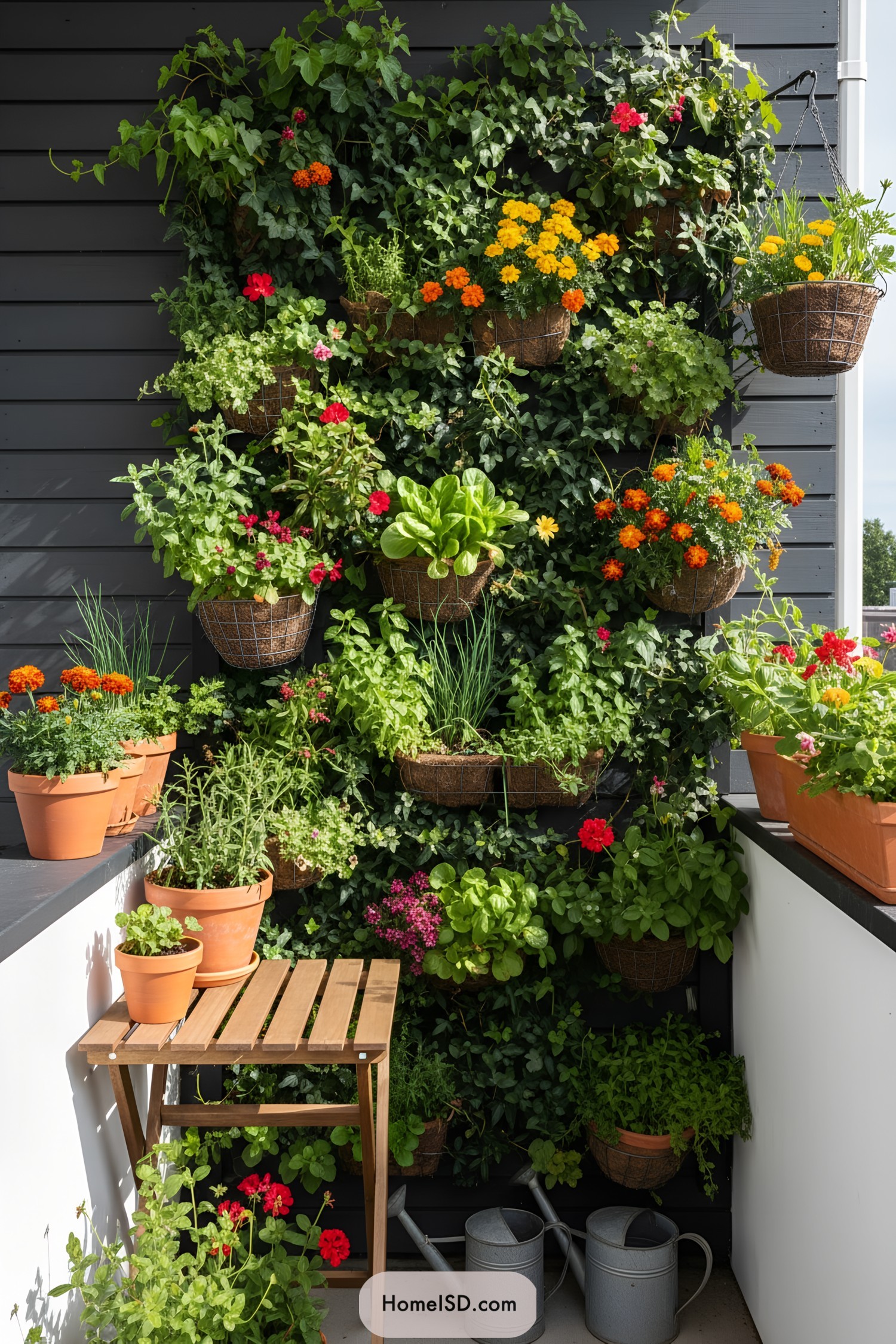 Vertical balcony garden filled with colorful pots and hanging planters