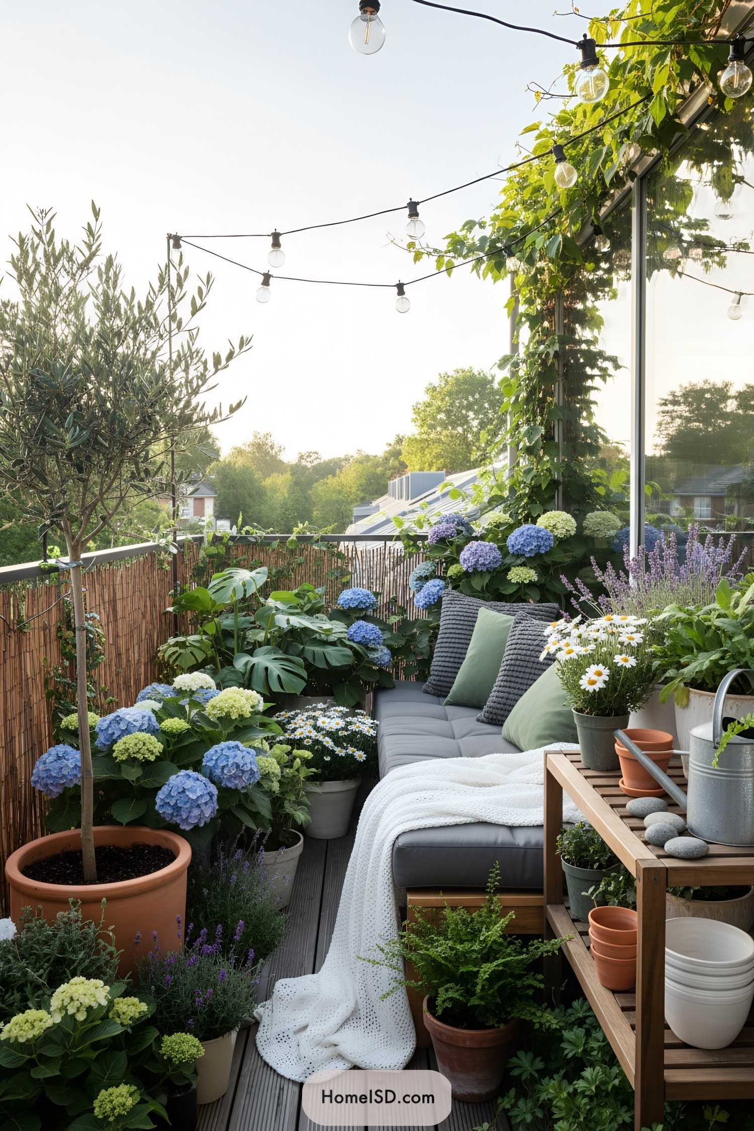 Small balcony with layered hydrangeas, gray cushioned bench, and string lights overhead