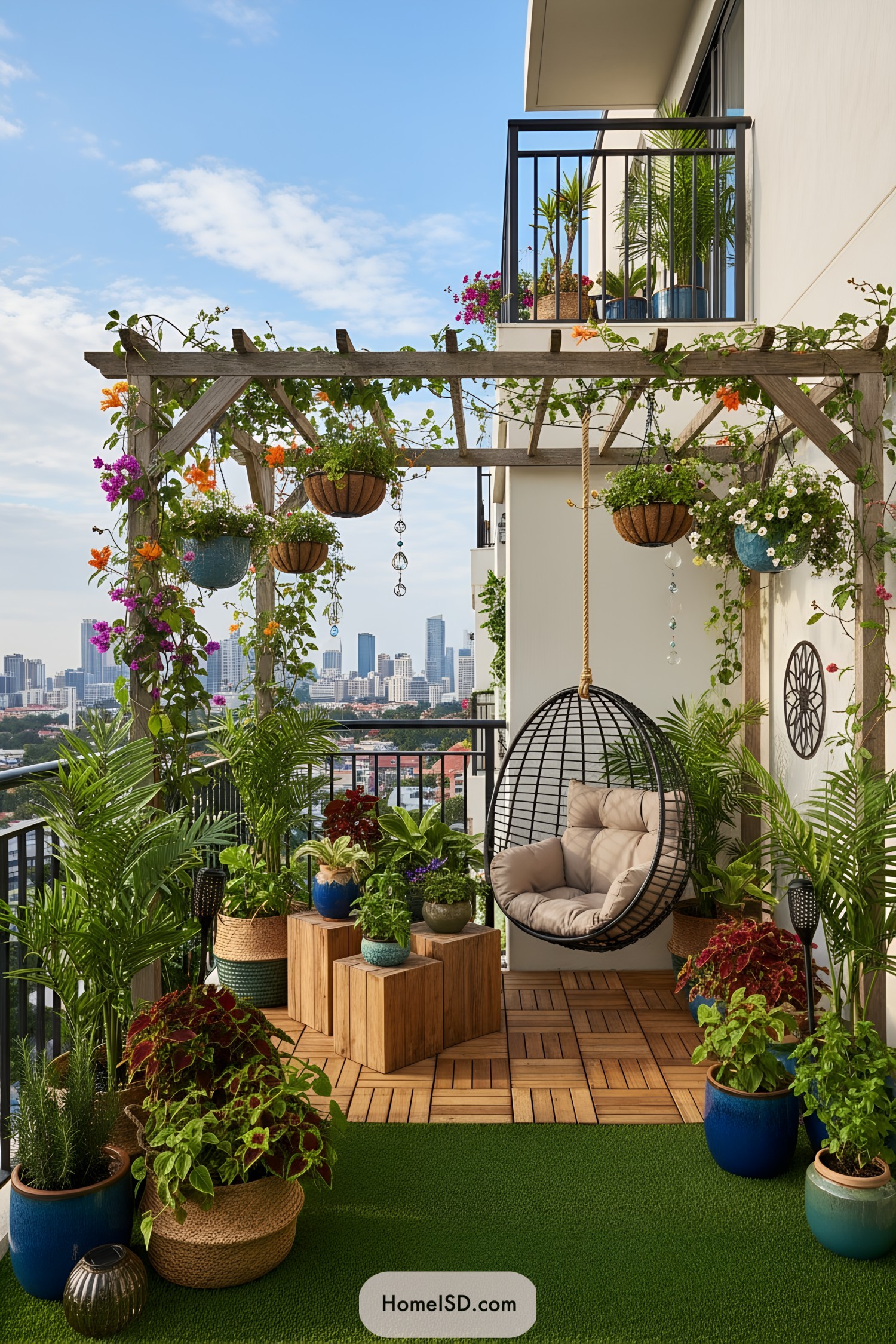 Cozy plant-filled balcony with pergola and hanging chair