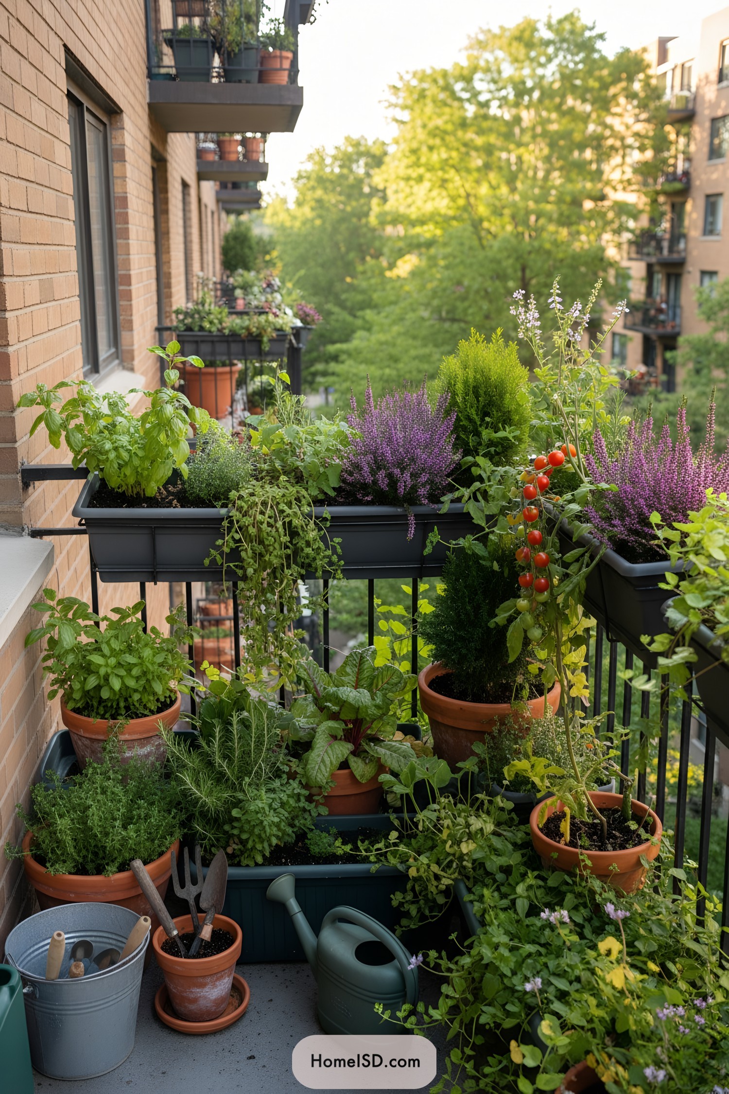 Compact balcony packed with herbs, flowers, and vegetables