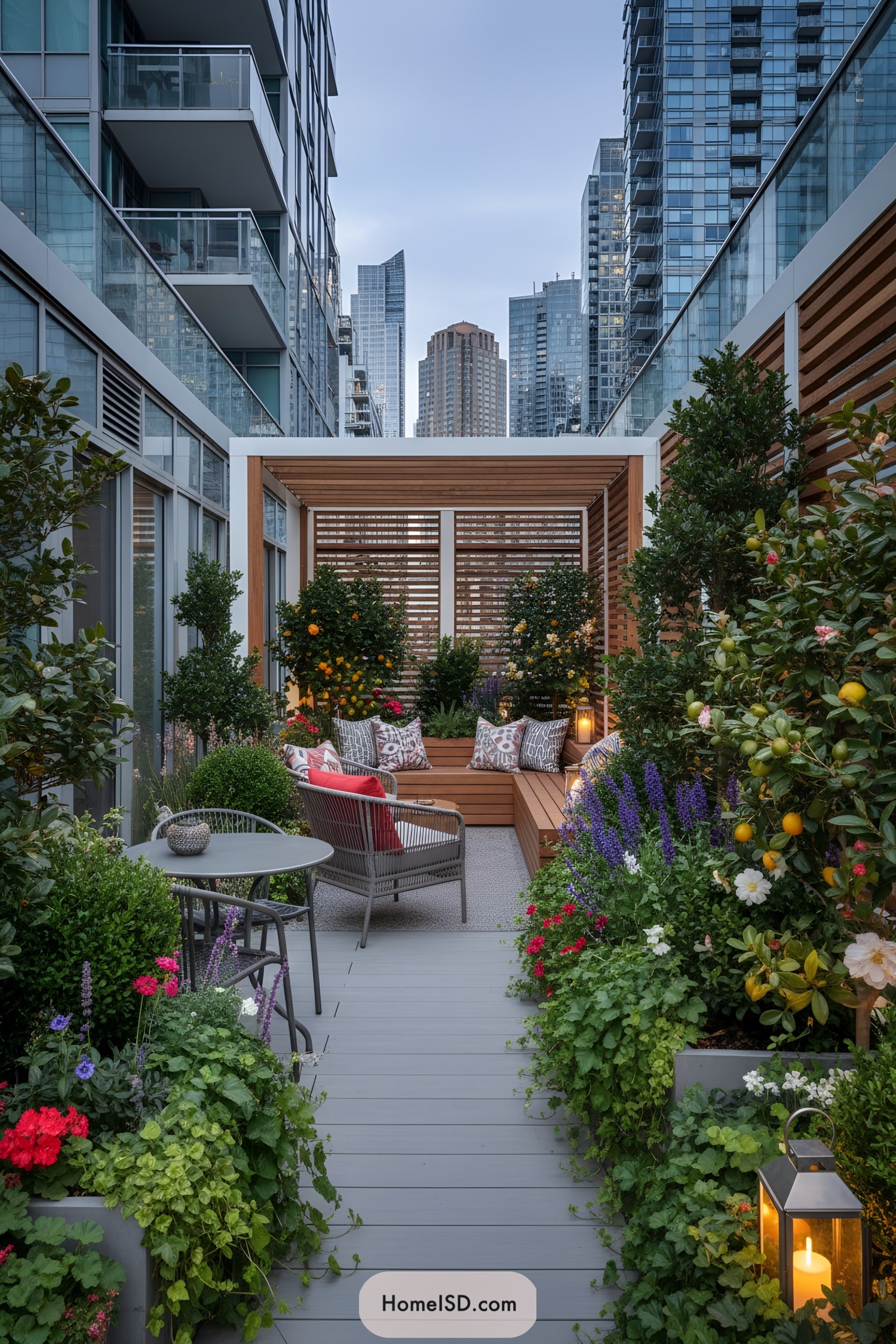 Modern balcony garden with pergola seating