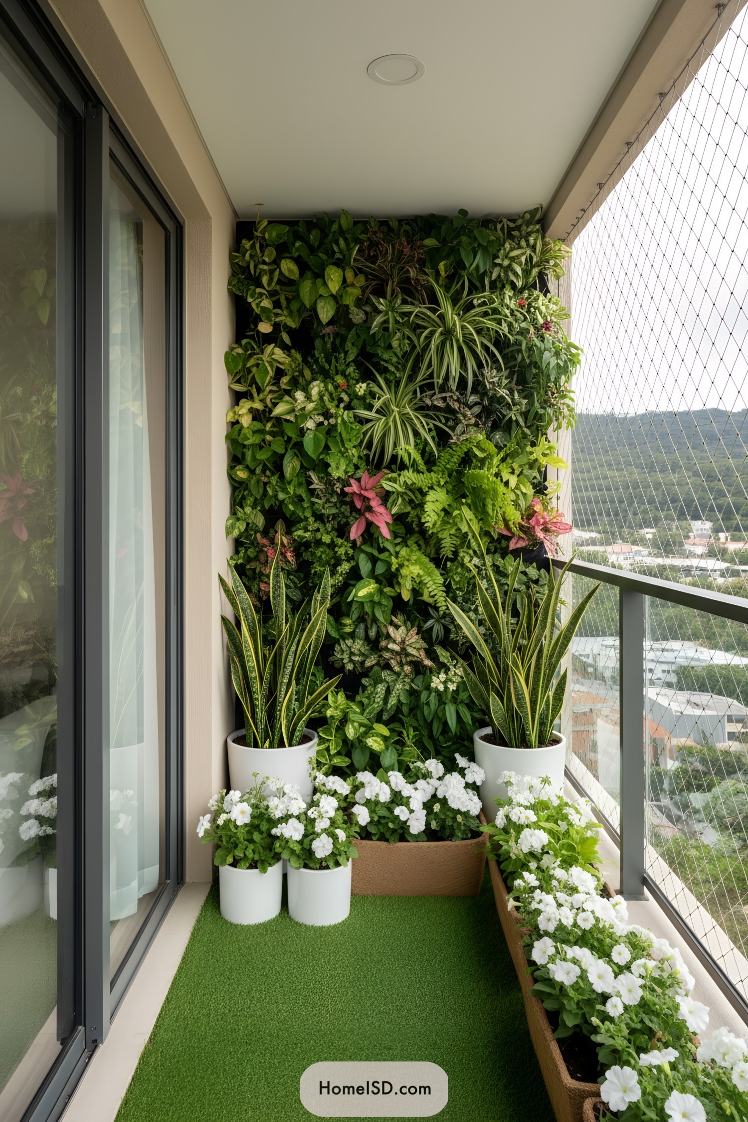 Narrow balcony featuring a dense living plant wall and potted flowers