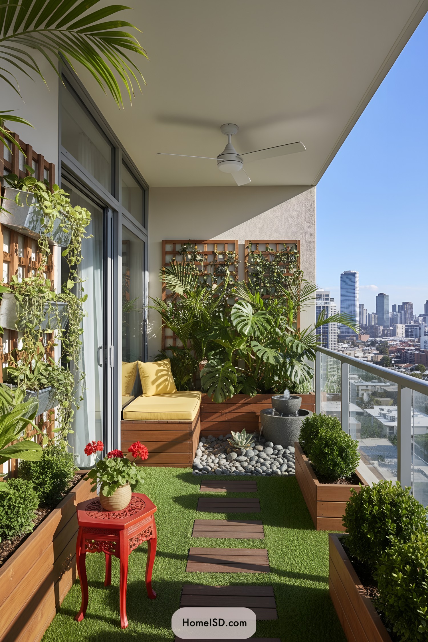Cozy high-rise balcony garden with lush plants and city views