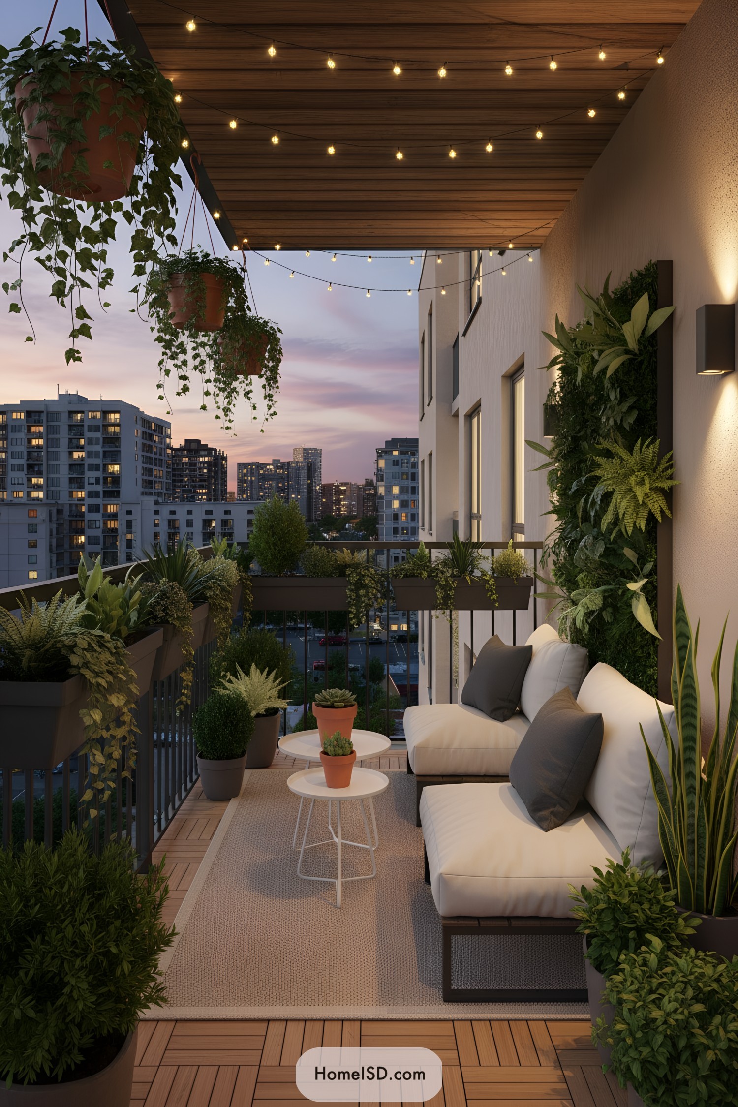 Twilight balcony with string lights and lush plants
