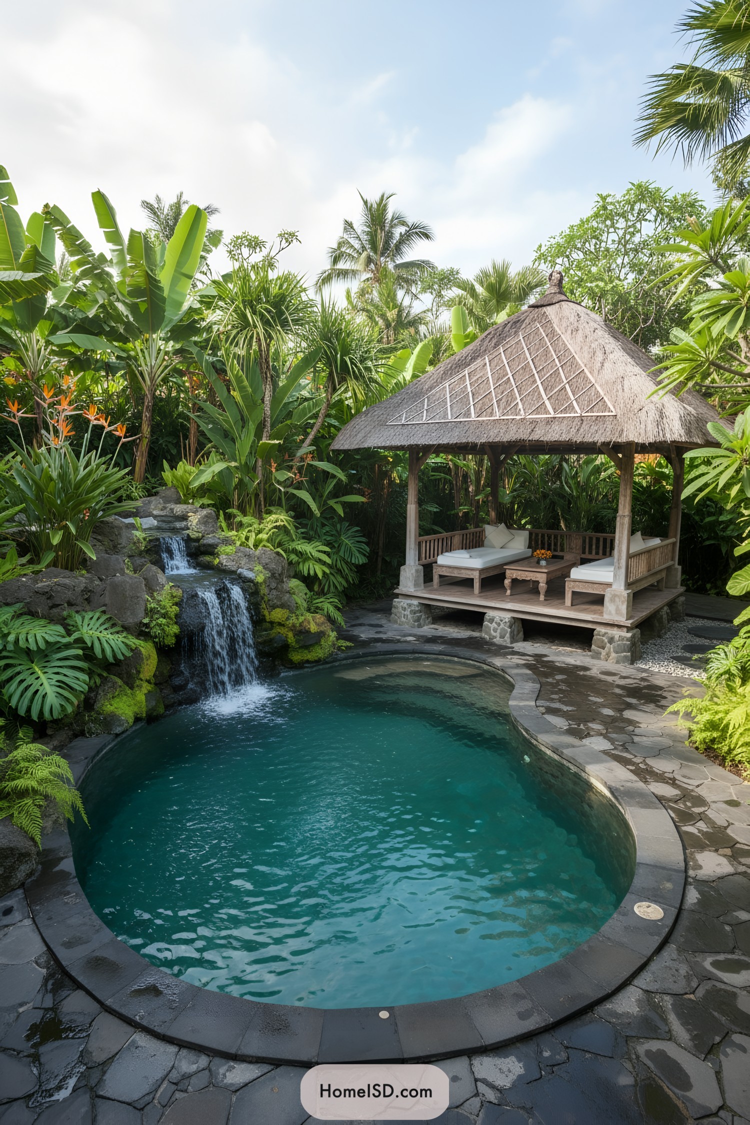 Small lagoon pool with waterfall and thatched pavilion