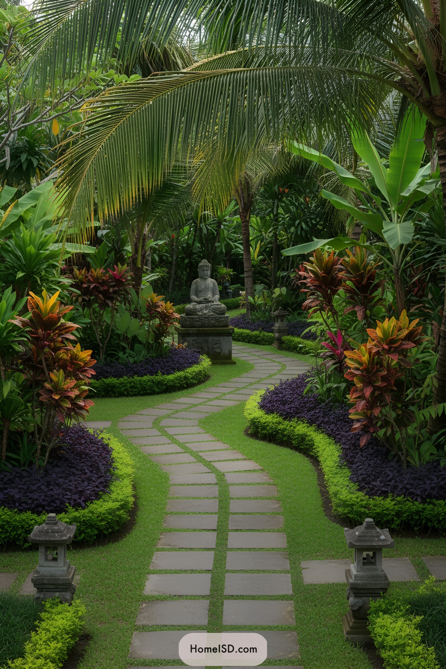 Curving stone path through lush Balinese garden with Buddha statue