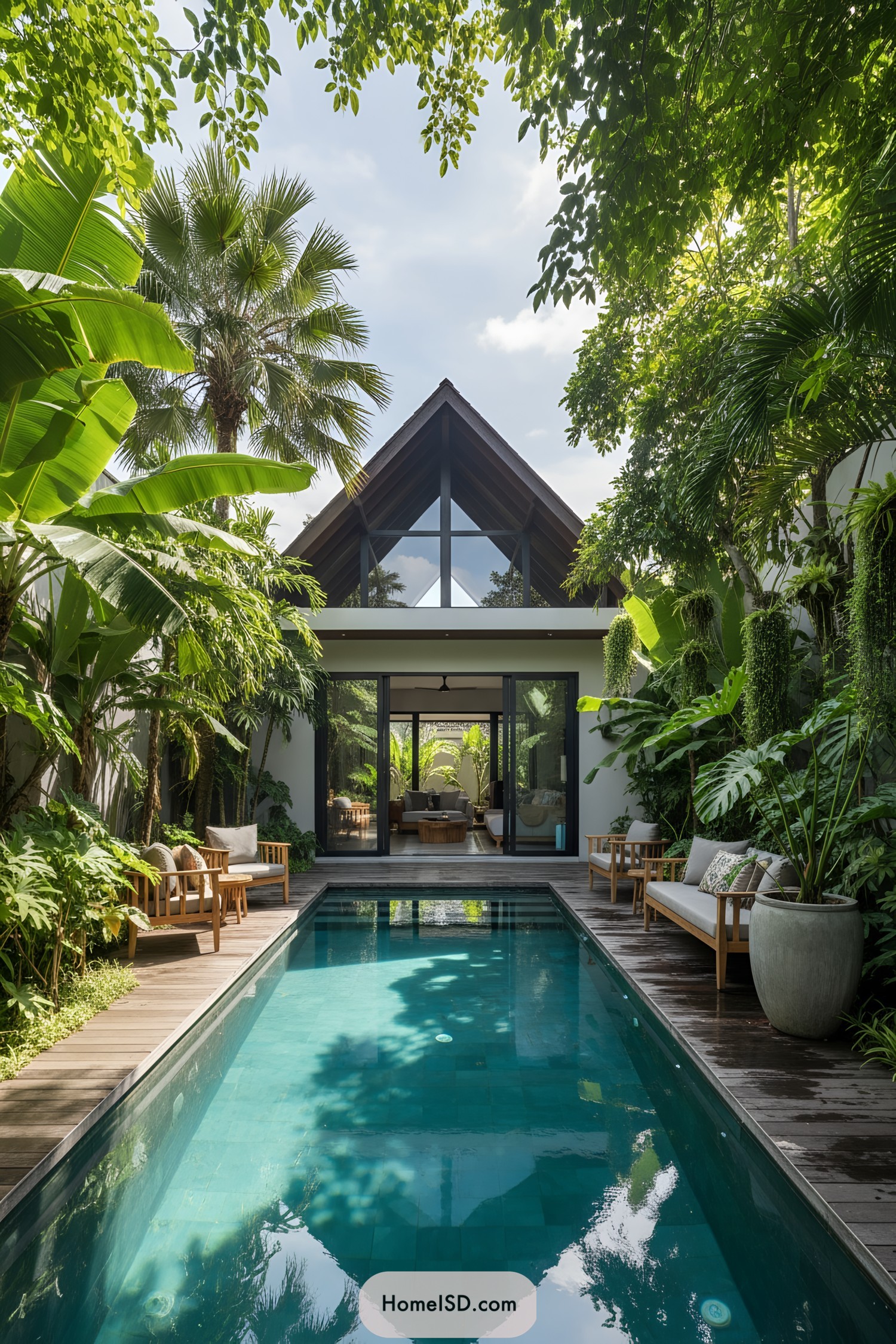 Narrow pool with lush tropical courtyard and lounge