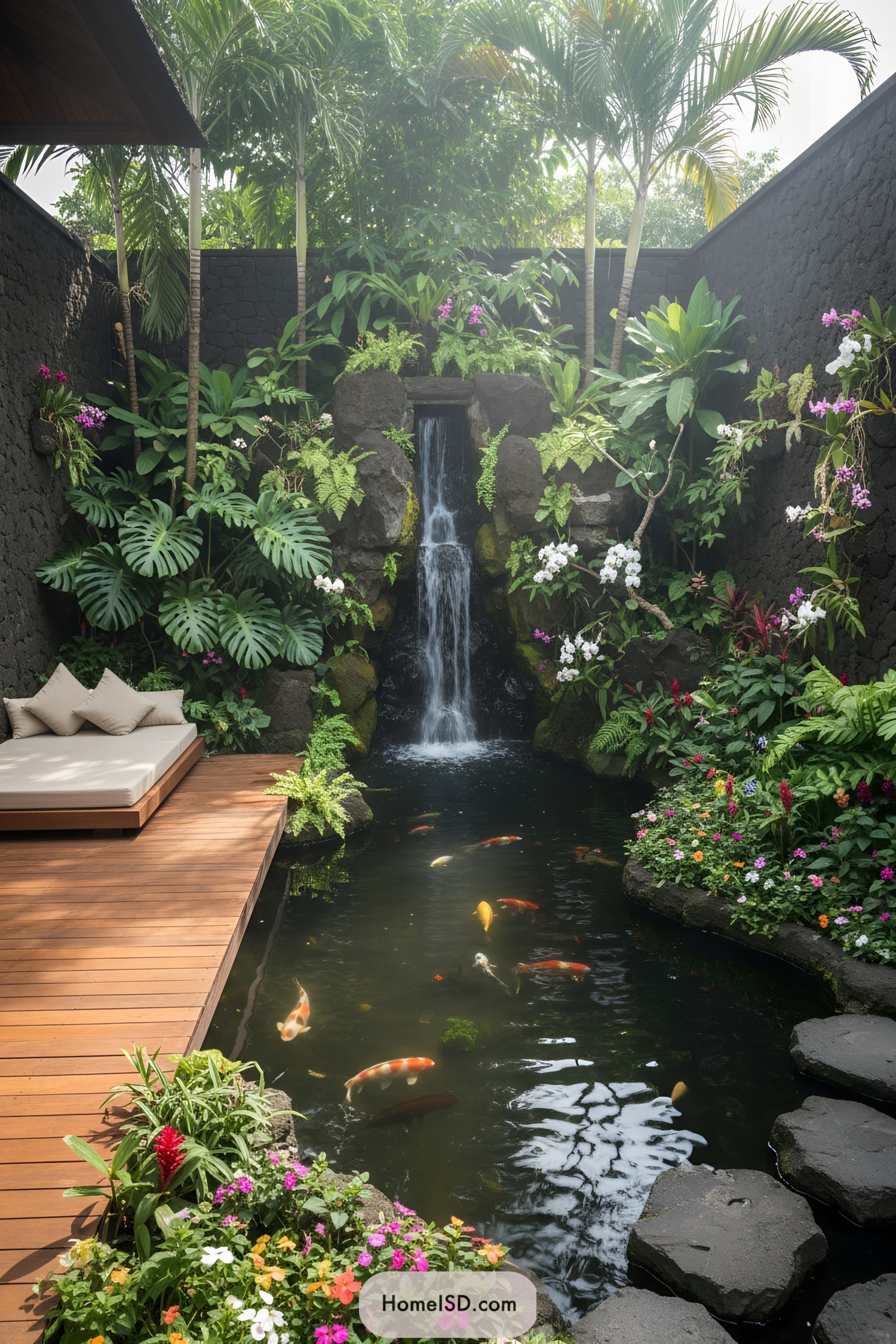 Small courtyard koi pond with waterfall, lush tropical planting, and timber deck daybed