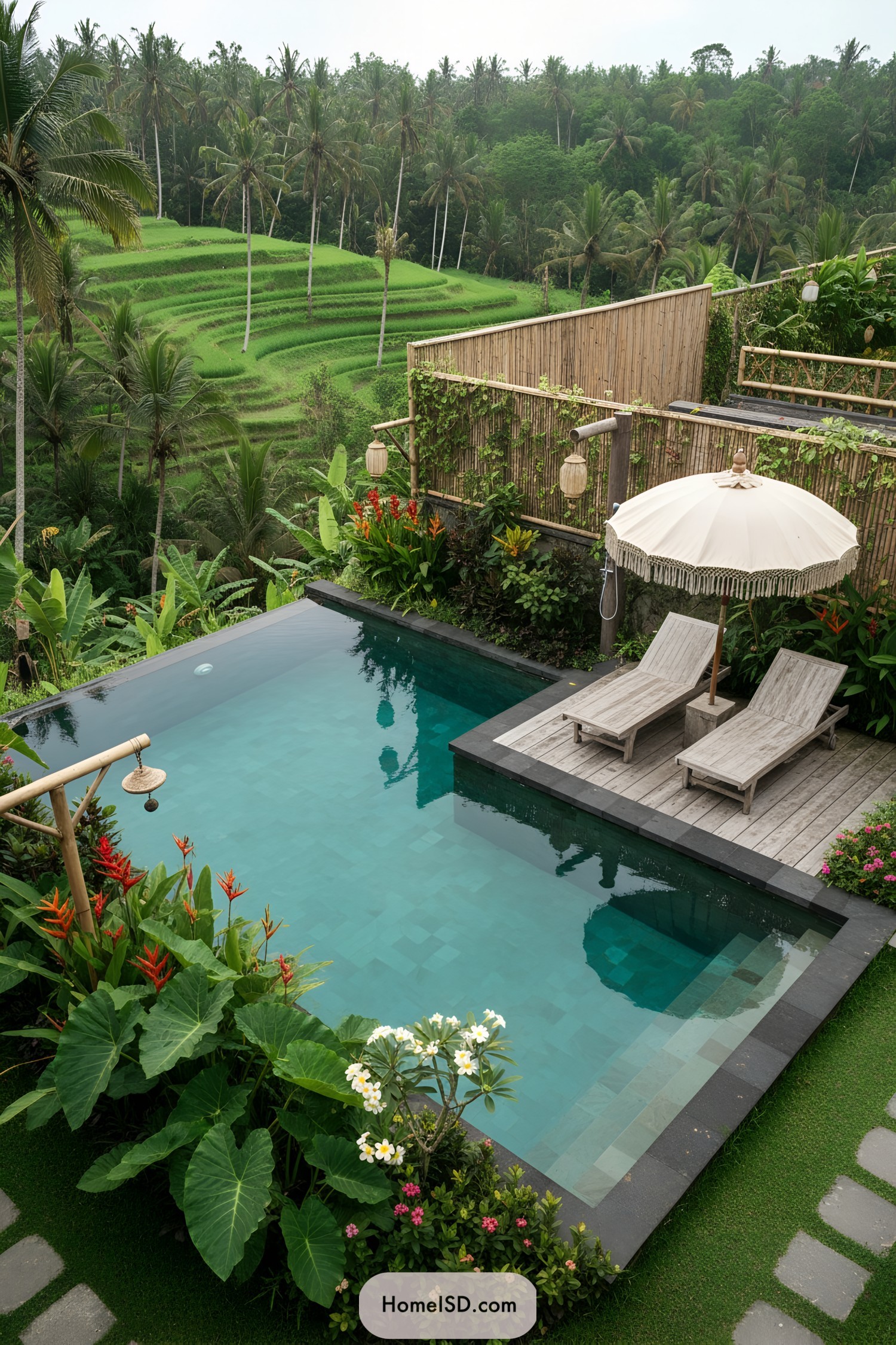 Small infinity-edge pool with bamboo deck and jungle view
