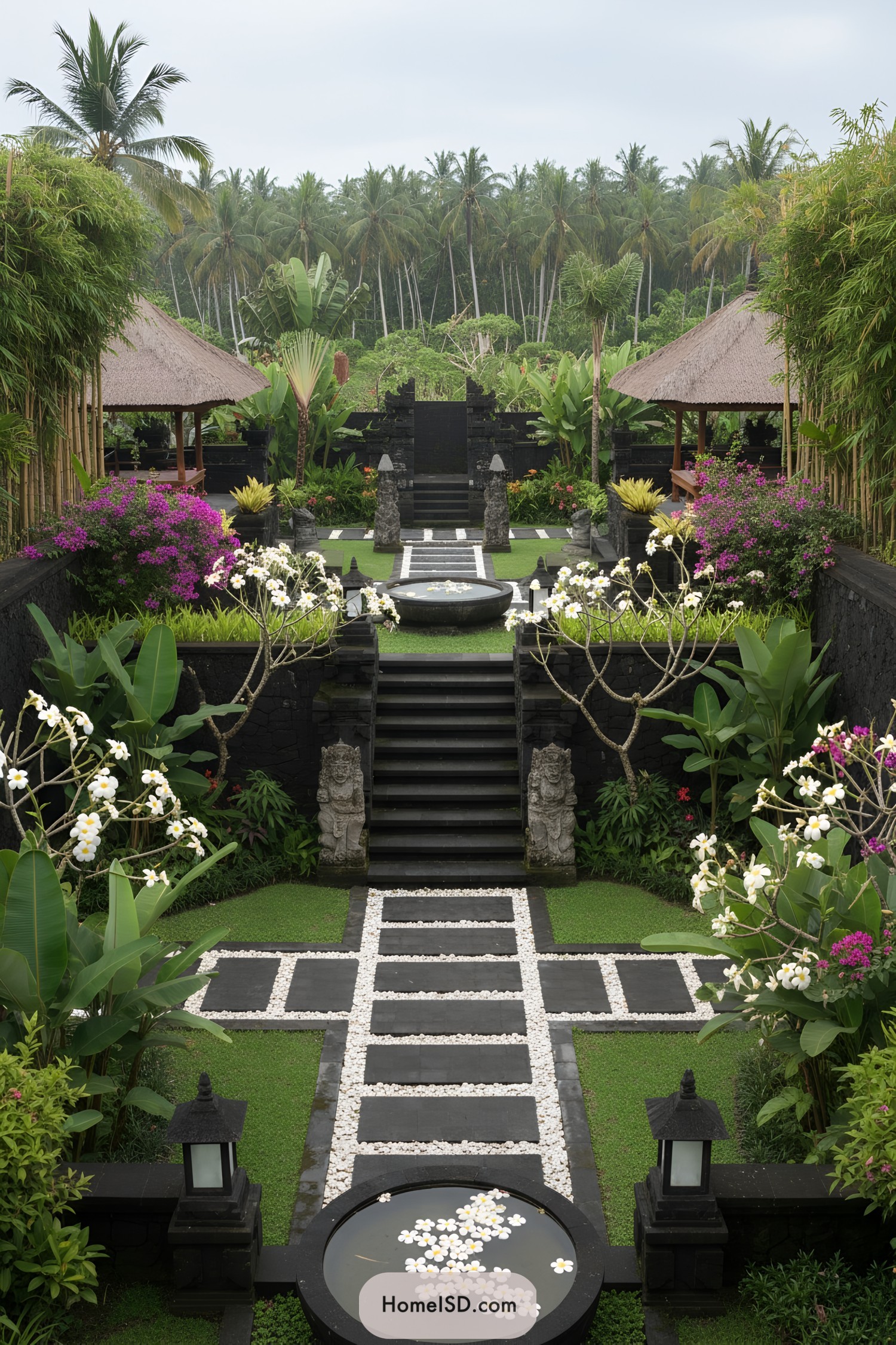 Symmetrical Balinese garden with black stone paths, lotus bowl, and lush tropical plantings