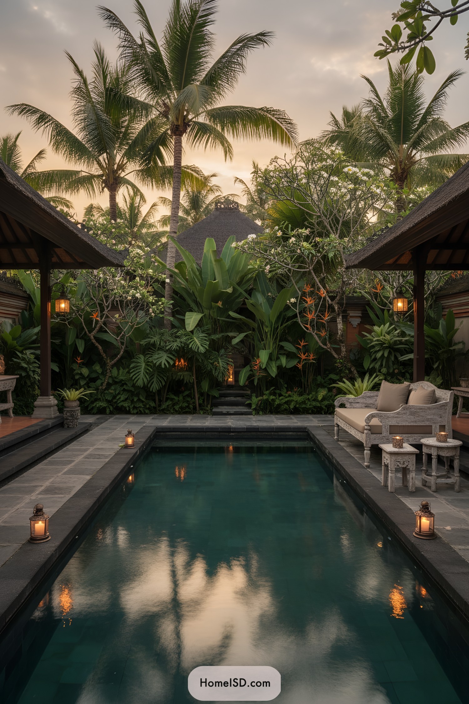 Tranquil stone-edged pool with lantern-lit pavilions and lush tropical planting