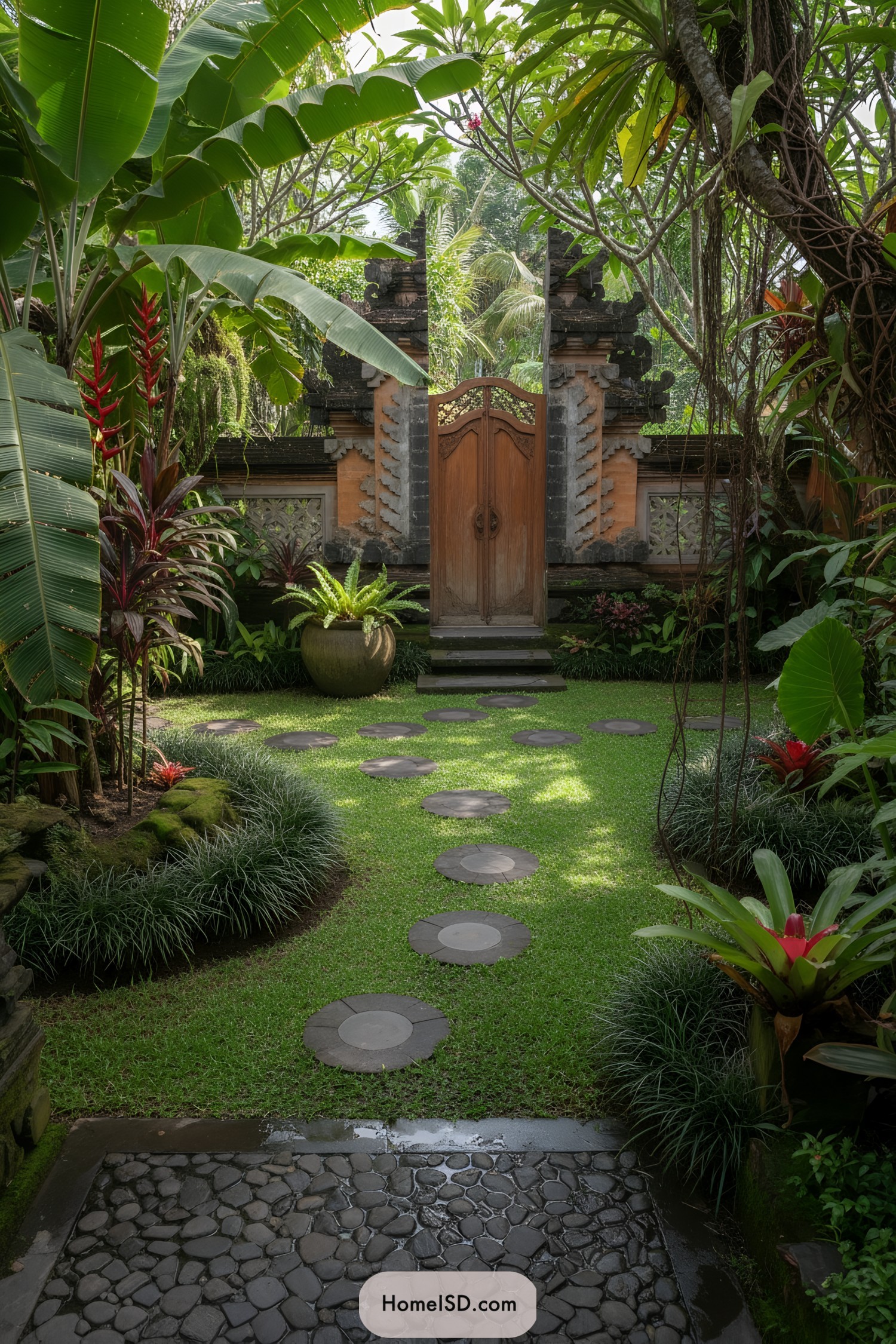 Balinese courtyard with lush path to gate
