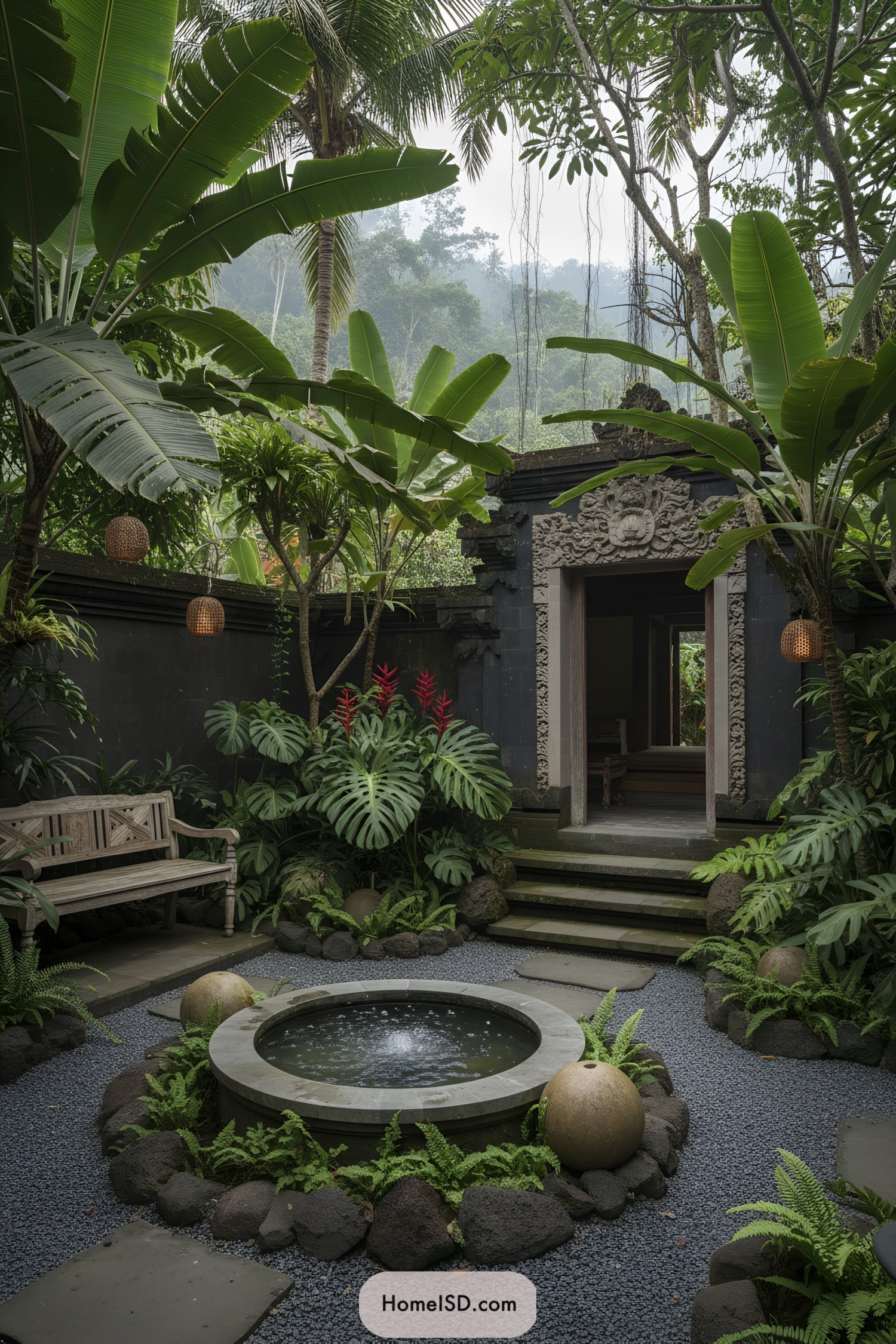 Balinese courtyard with stone portal and round fountain