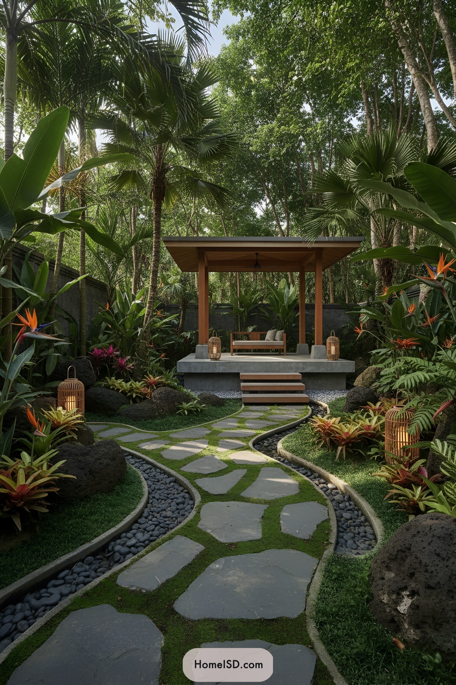 Curved stone path to a pavilion framed by palms and lanterns