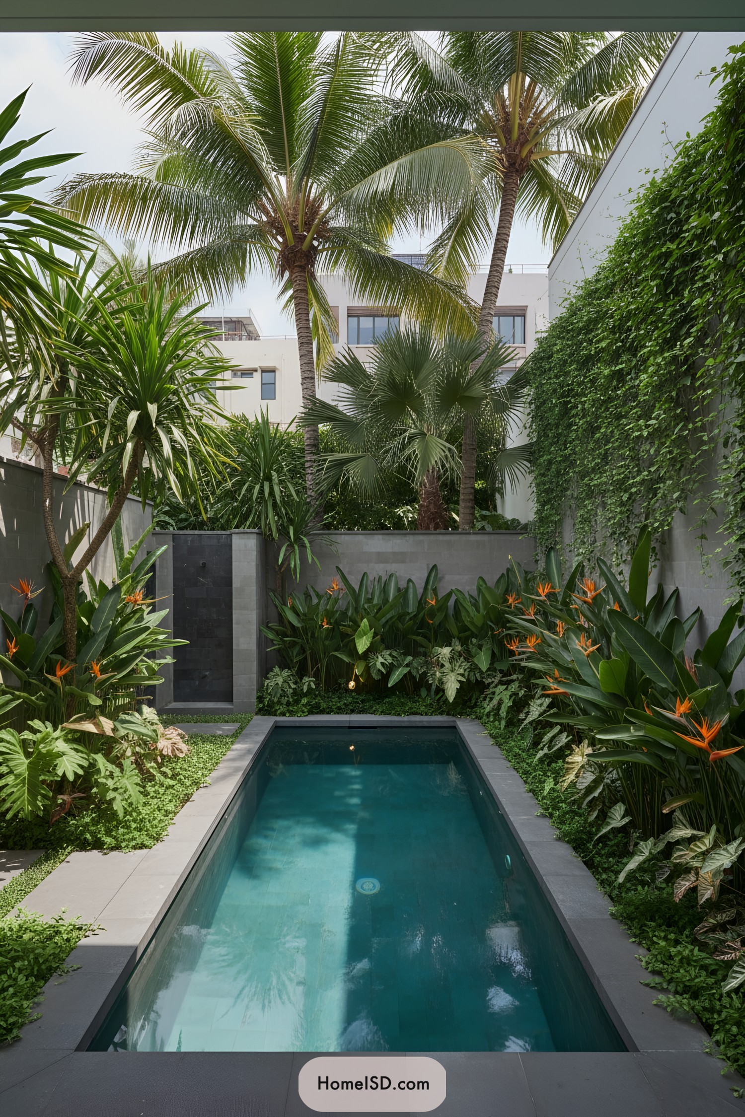 Narrow plunge pool with lush tropical plants