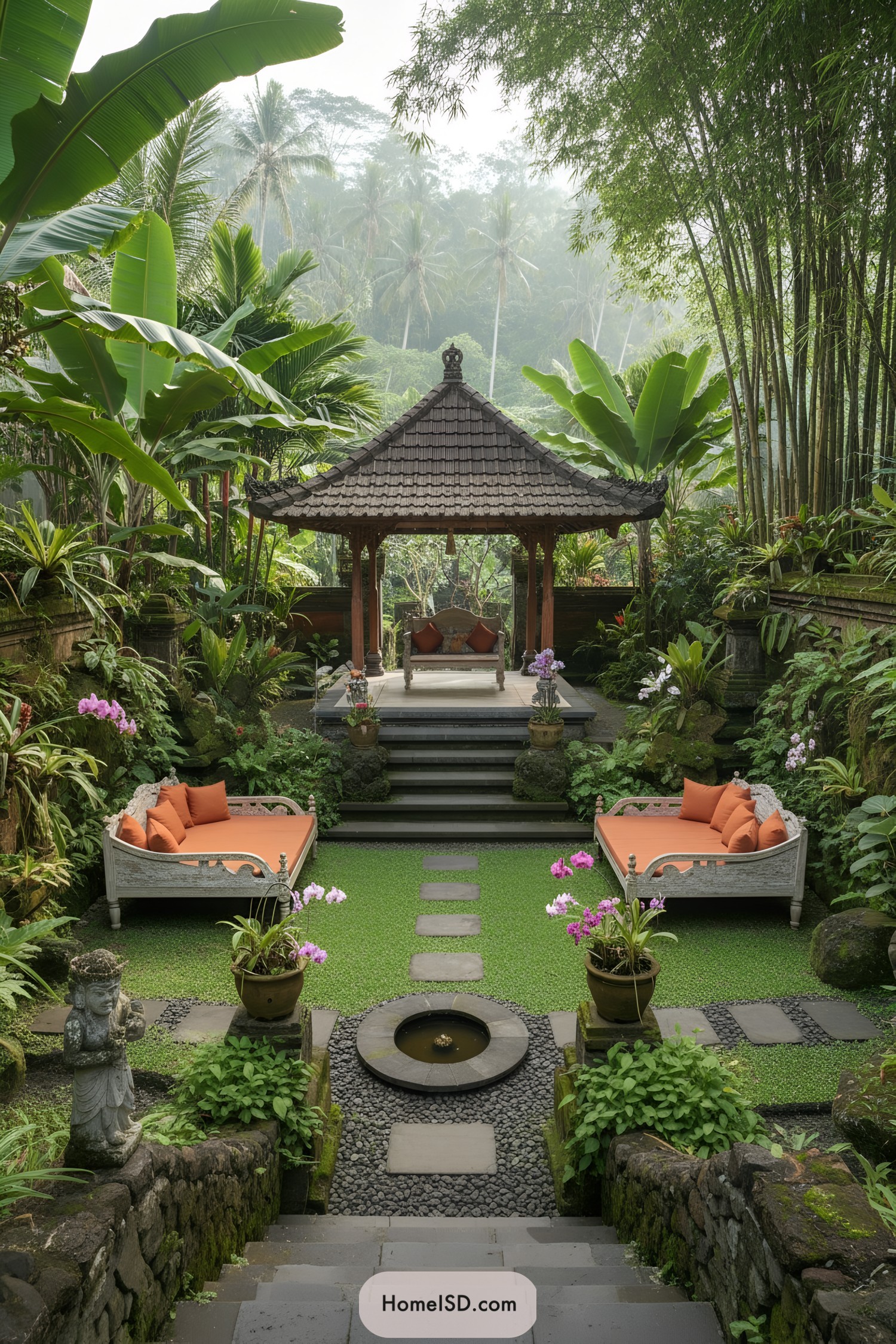 Balinese garden pavilion with daybeds and orchids
