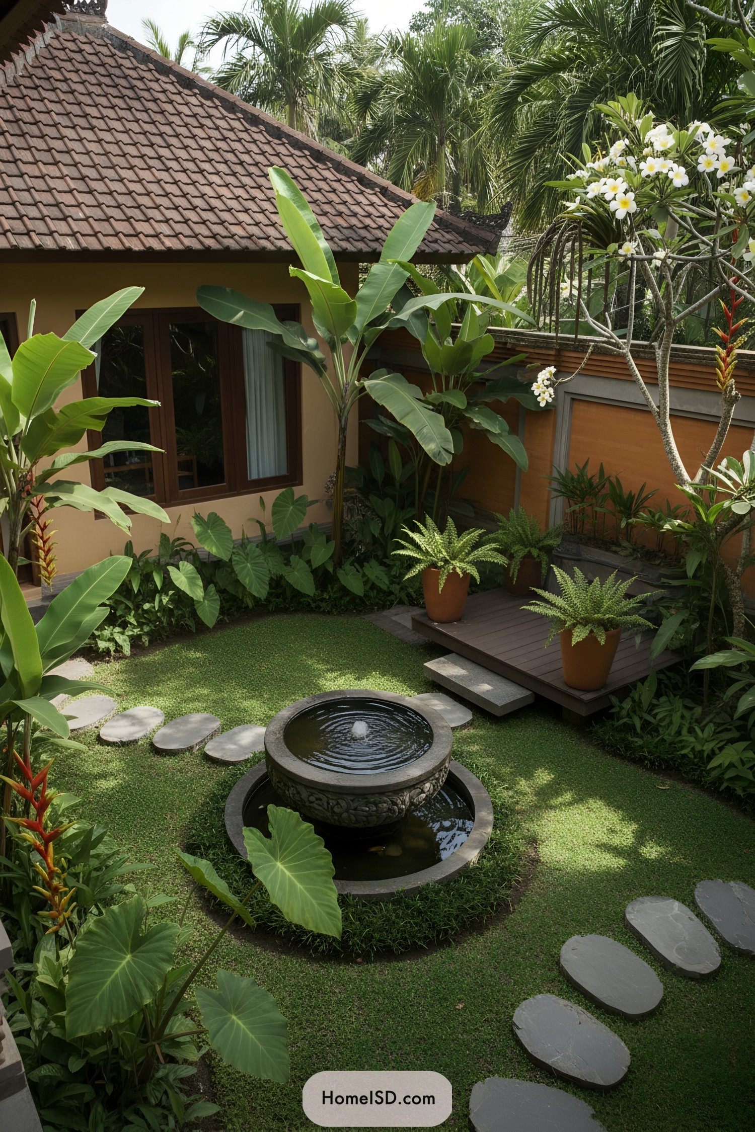 Small Bali courtyard with stone fountain, stepping stones, and lush tropical plants