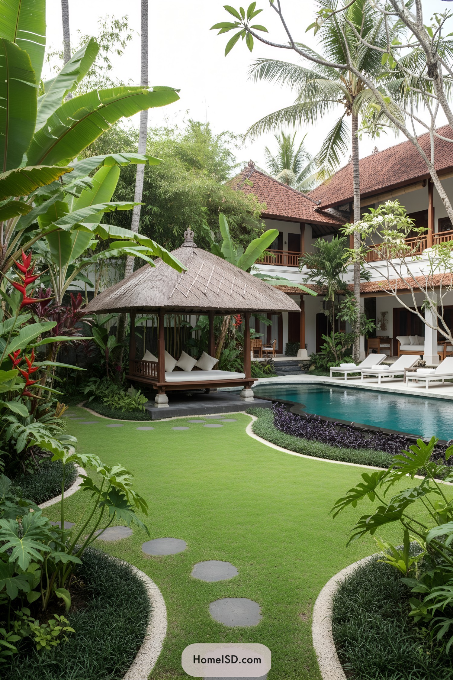 Thatched gazebo by lagoon pool with lush palms