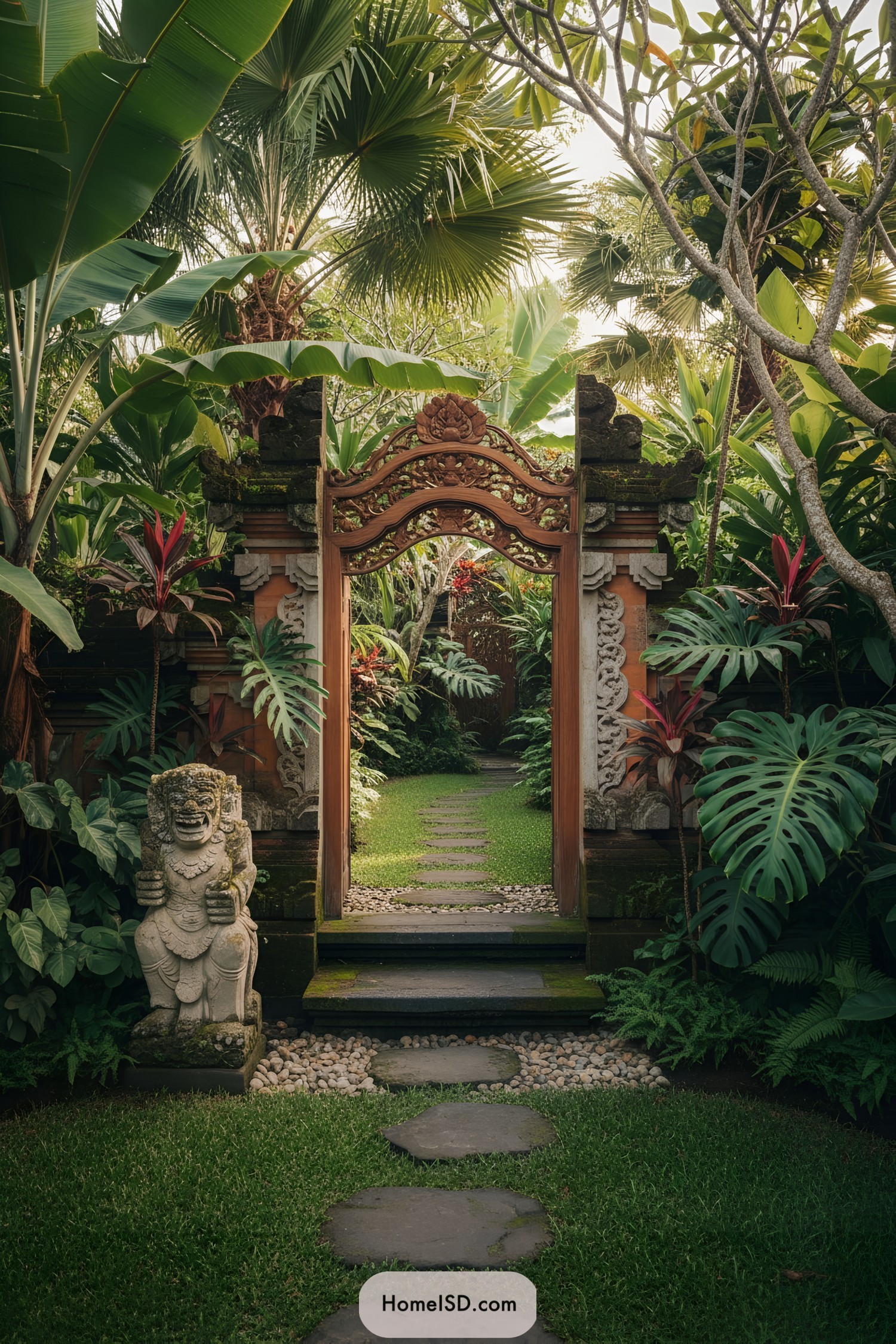 Balinese carved gateway with lush tropical path