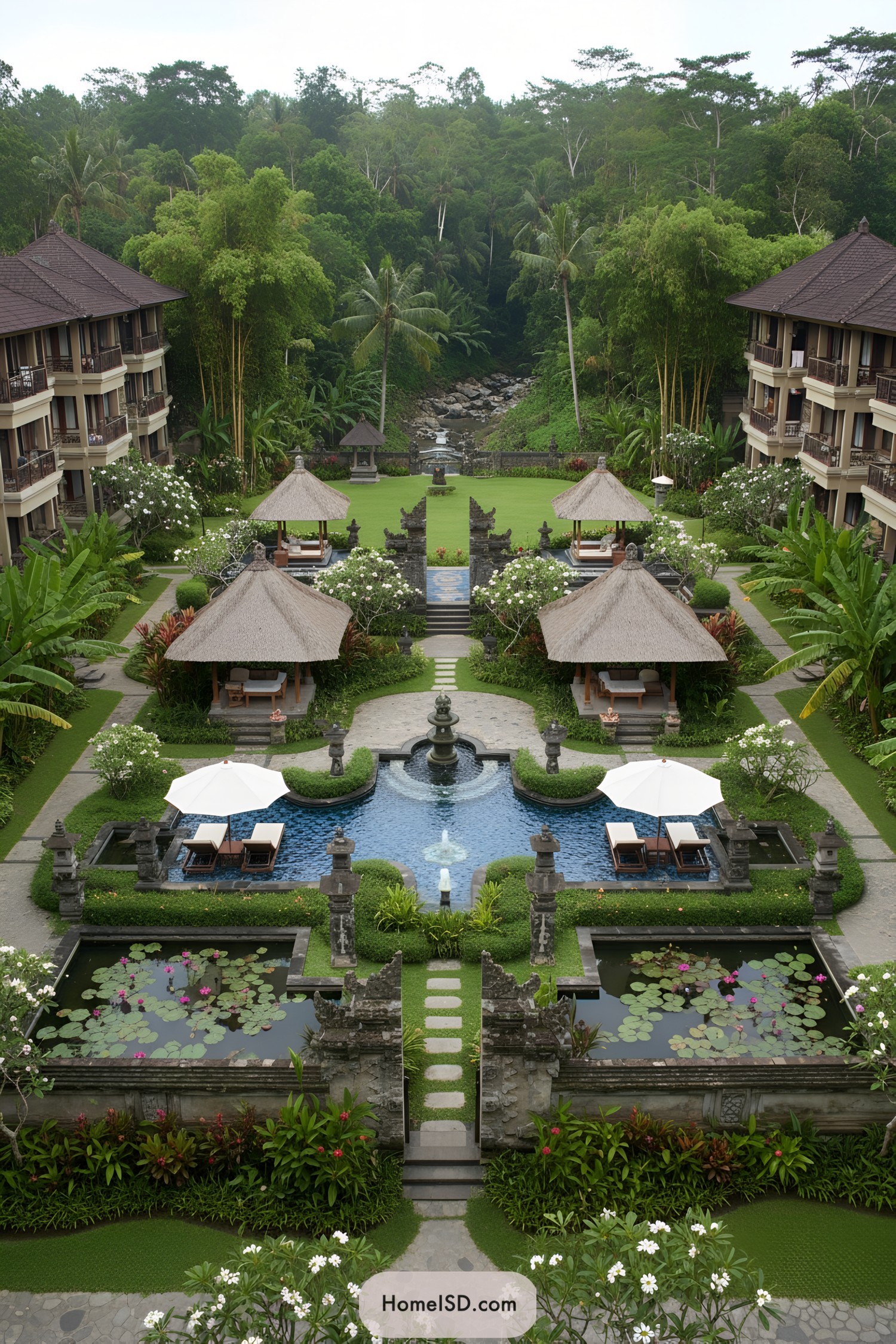 Balinese courtyard with pools, pavilions, and lush greenery