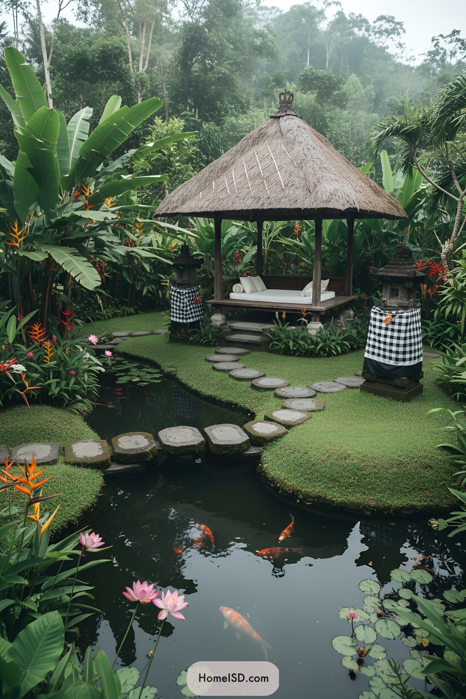 Thatched pavilion by koi pond with stepping stones