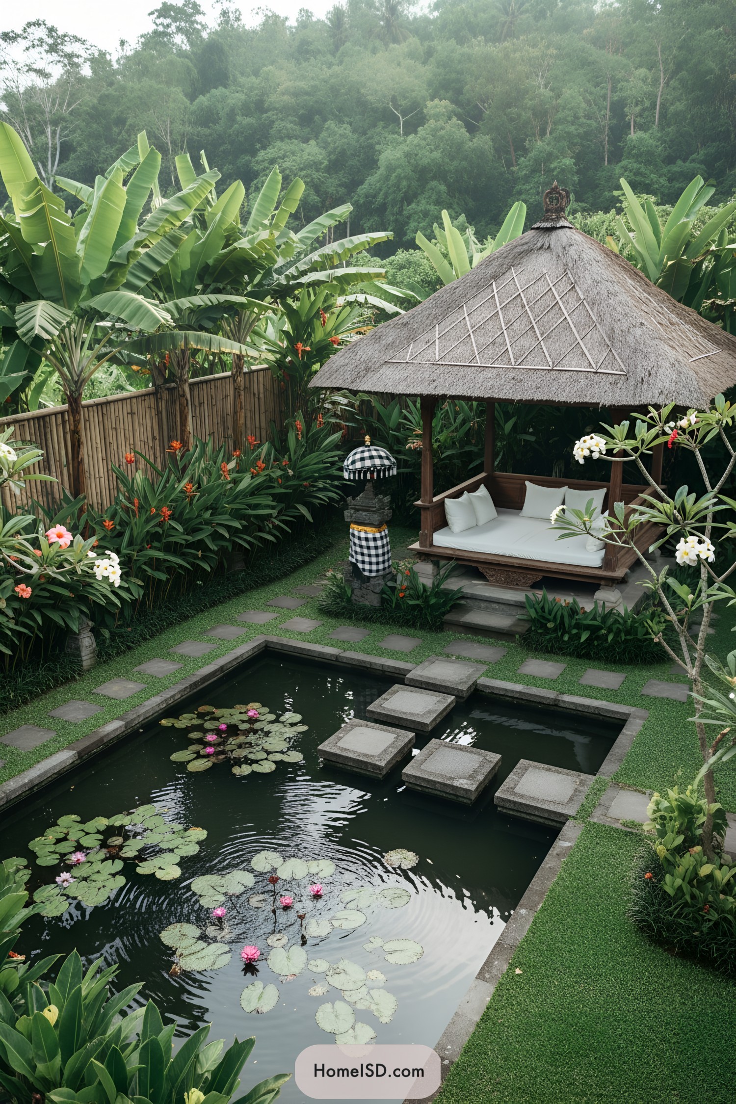 Balinese gazebo beside lily pond with stepping stones