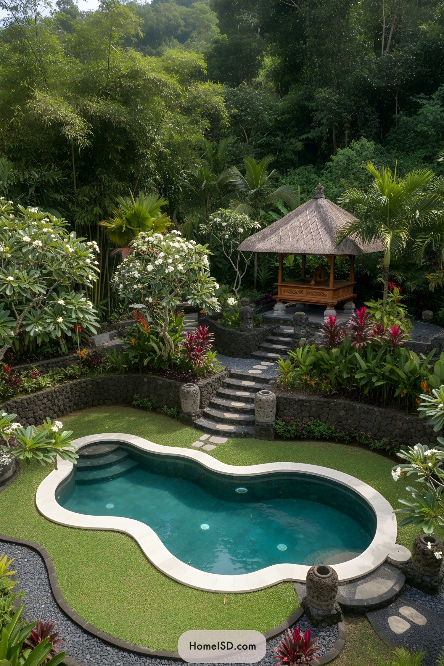 Curved plunge pool with stone steps and Balinese gazebo surrounded by lush tropical foliage