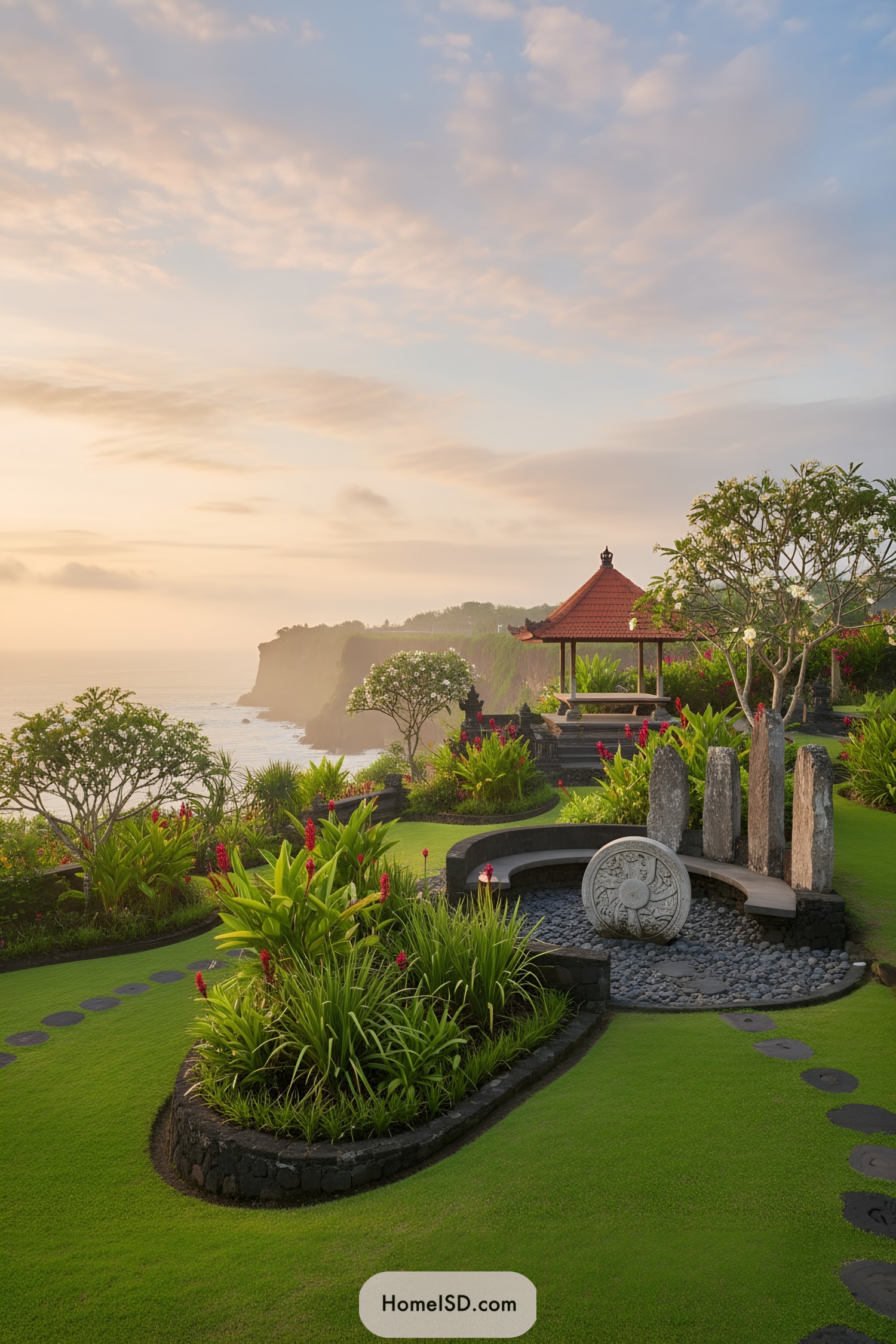 Balinese cliff garden with pavilion and sculptures
