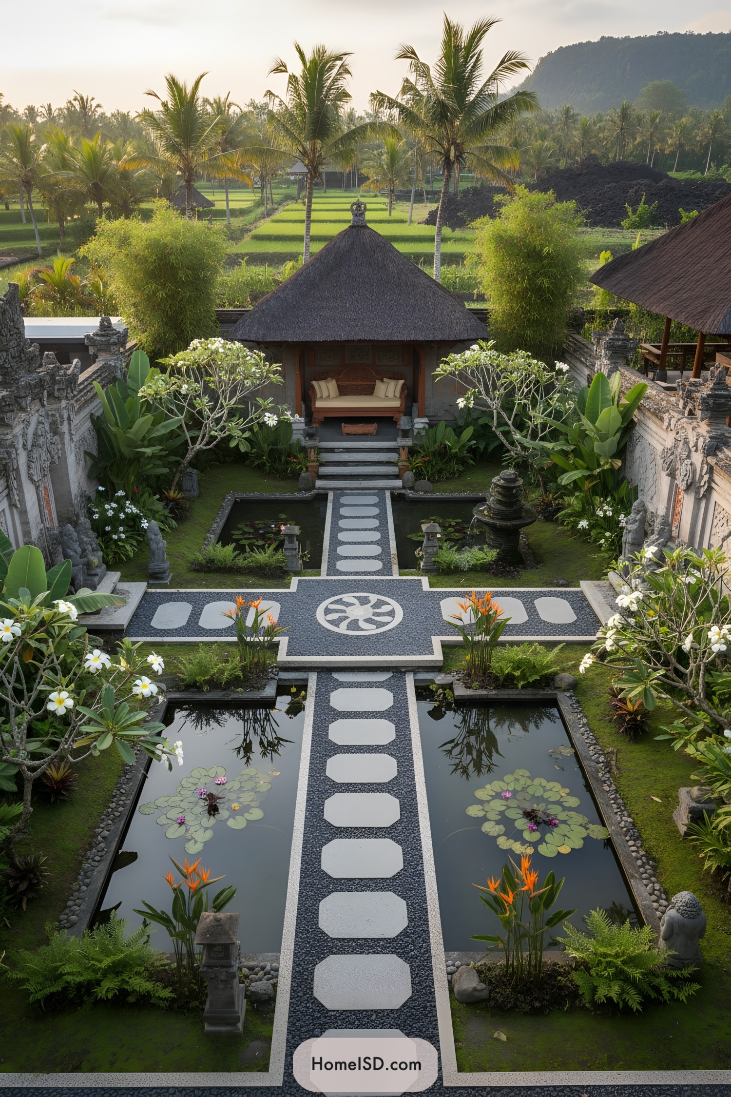 Balinese garden with lily ponds, stone paths, and a thatched pavilion