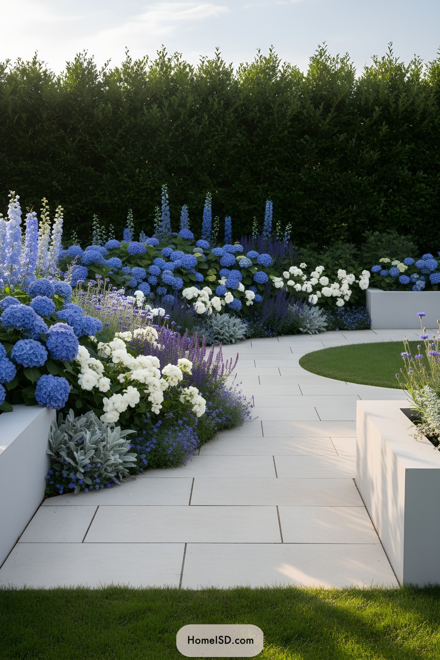 Curved white path bordered by lush blue and white flower beds