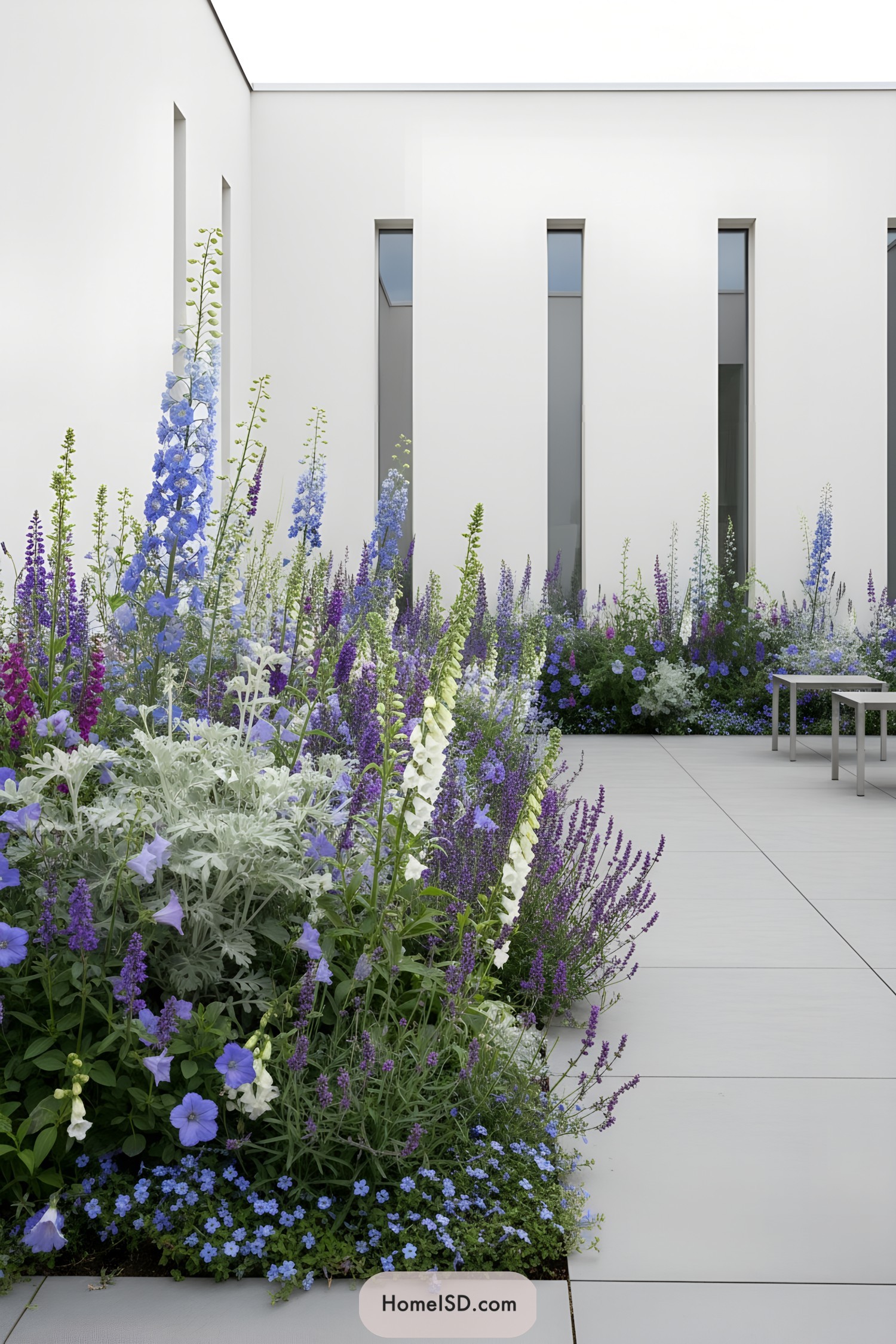 Blue and purple flower beds in a sleek white courtyard