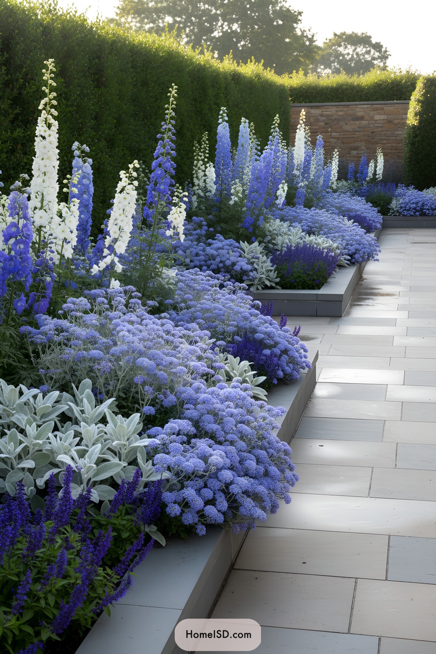 Blue and white flower beds beside paved path