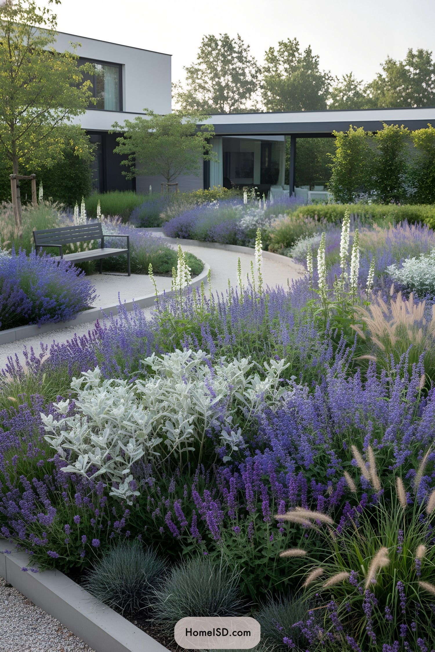 Curving path through modern blue flower garden