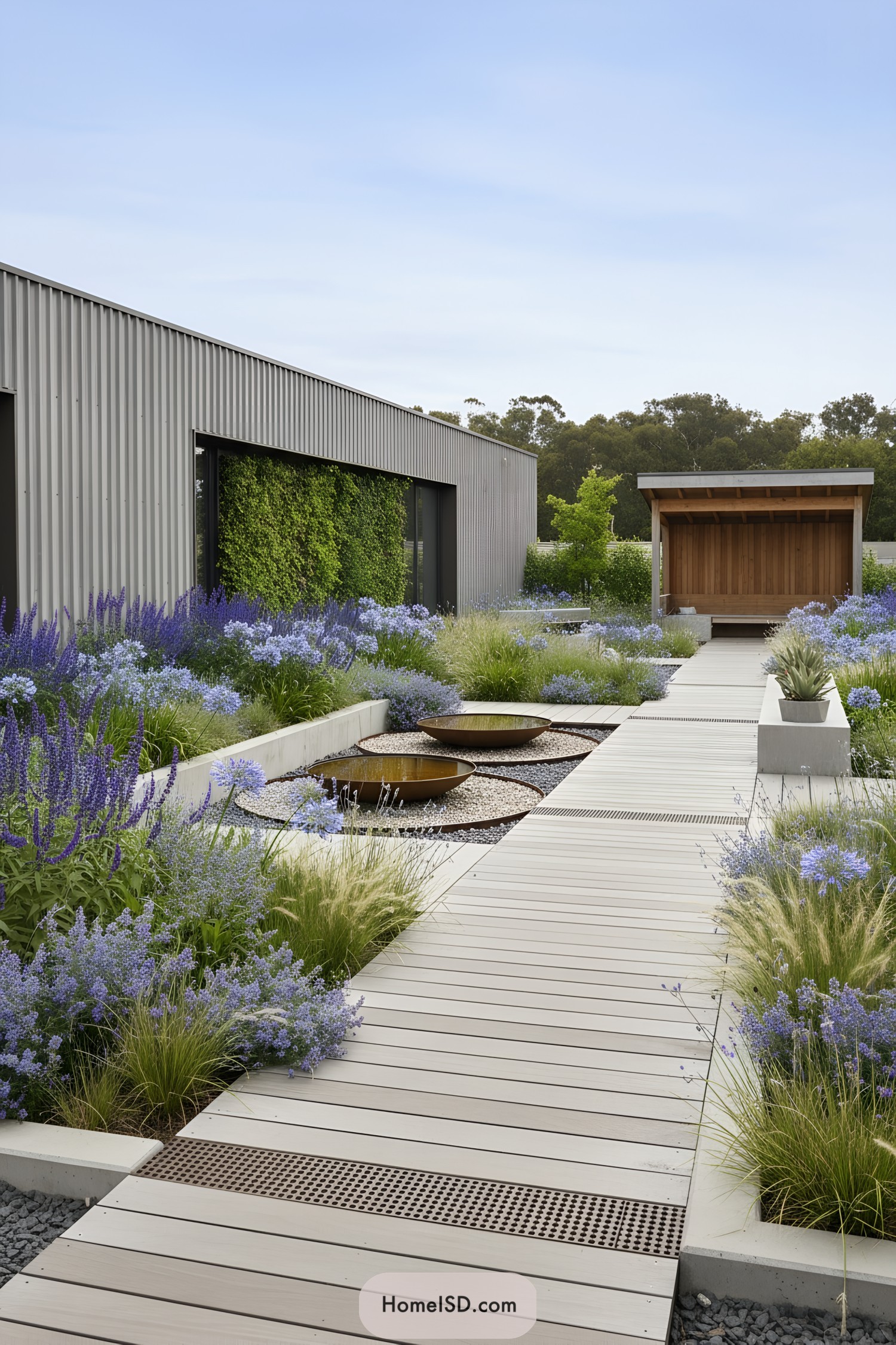 Modern garden with pale boardwalk and blue flowering beds