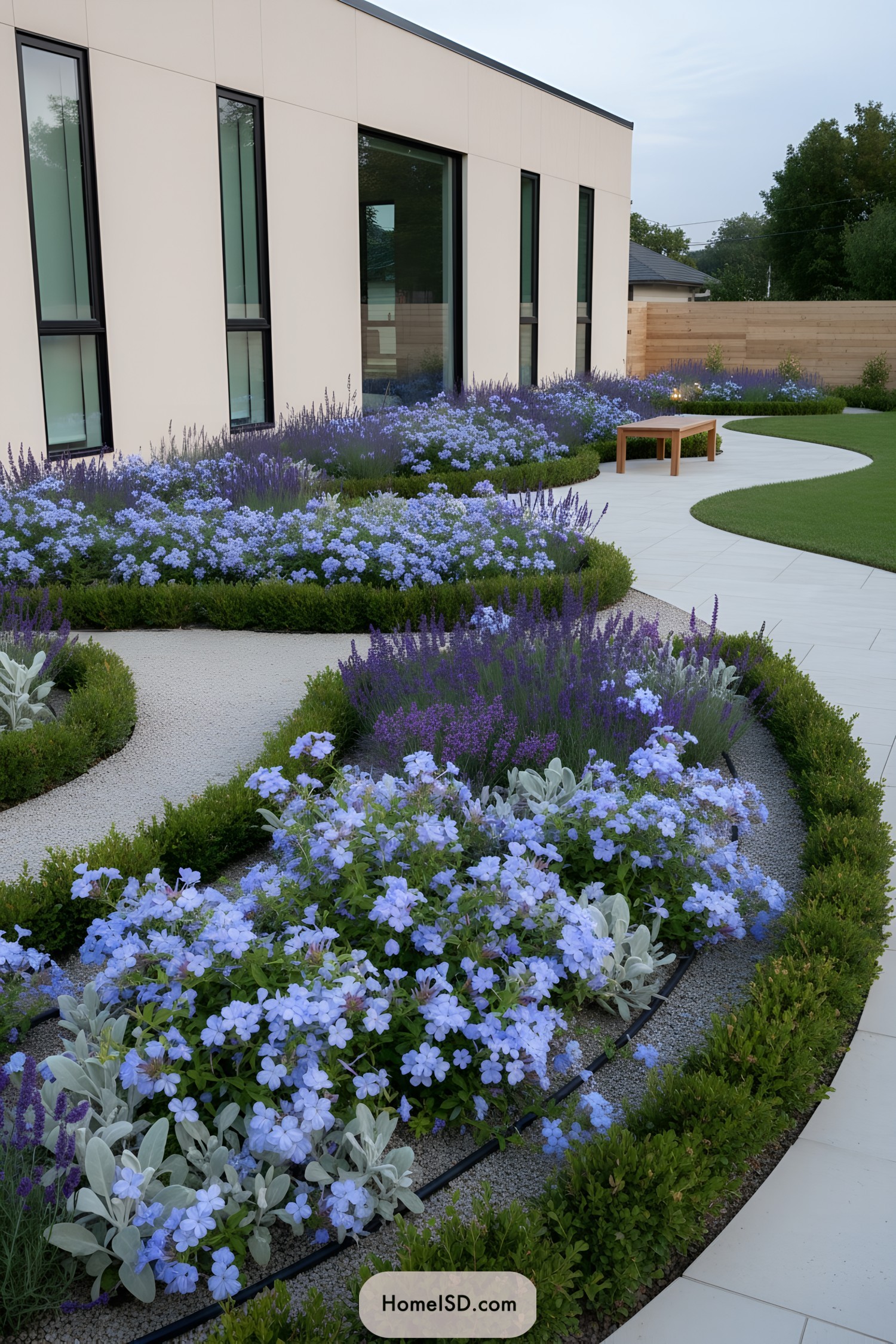 Curved beds of blue flowers line a sleek building and winding walkway