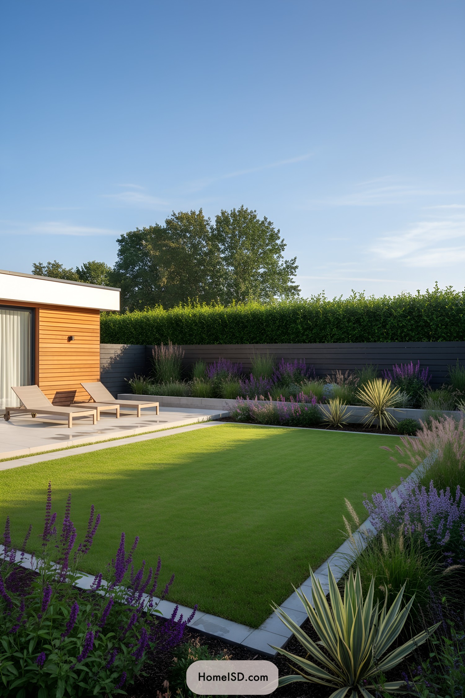Modern bungalow backyard with crisp lawn, patio, loungers, and structured planting beds